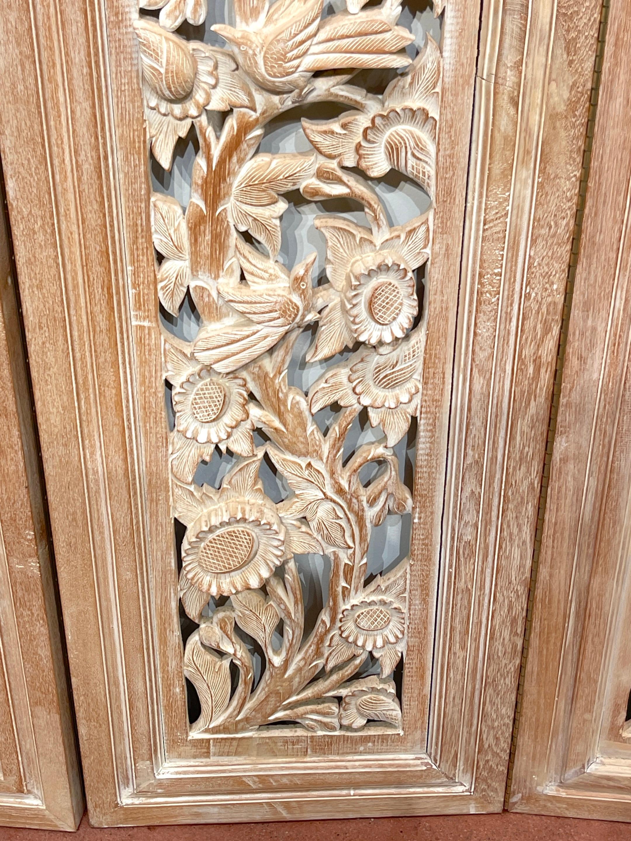 Three-Panel Carved Bleached Hardwood Bird Floral Screen, Style of James Mont  For Sale 6