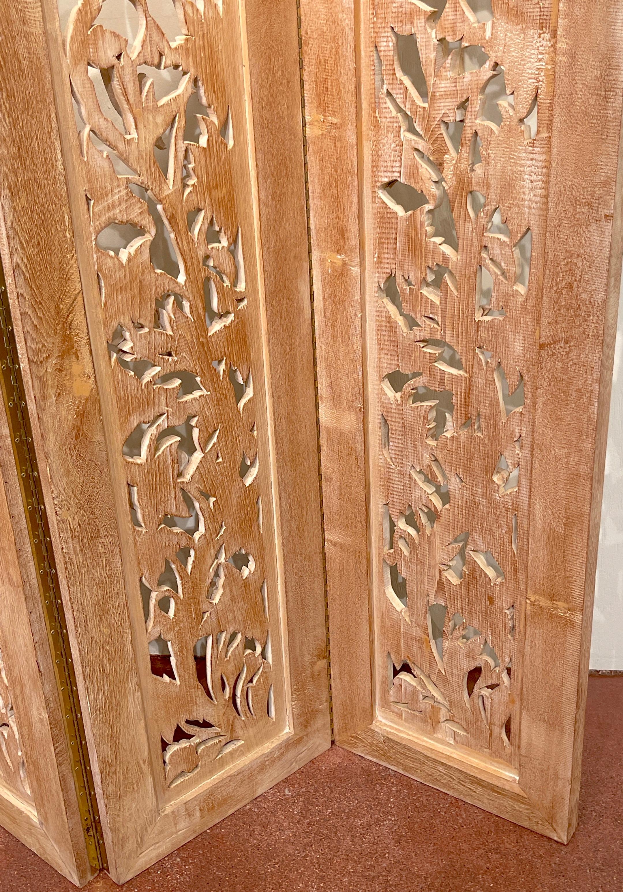 Three-Panel Carved Bleached Hardwood Bird Floral Screen, Style of James Mont  For Sale 9