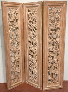 Three-Panel Carved Bleached Hardwood Bird Floral Screen, Style of James Mont
