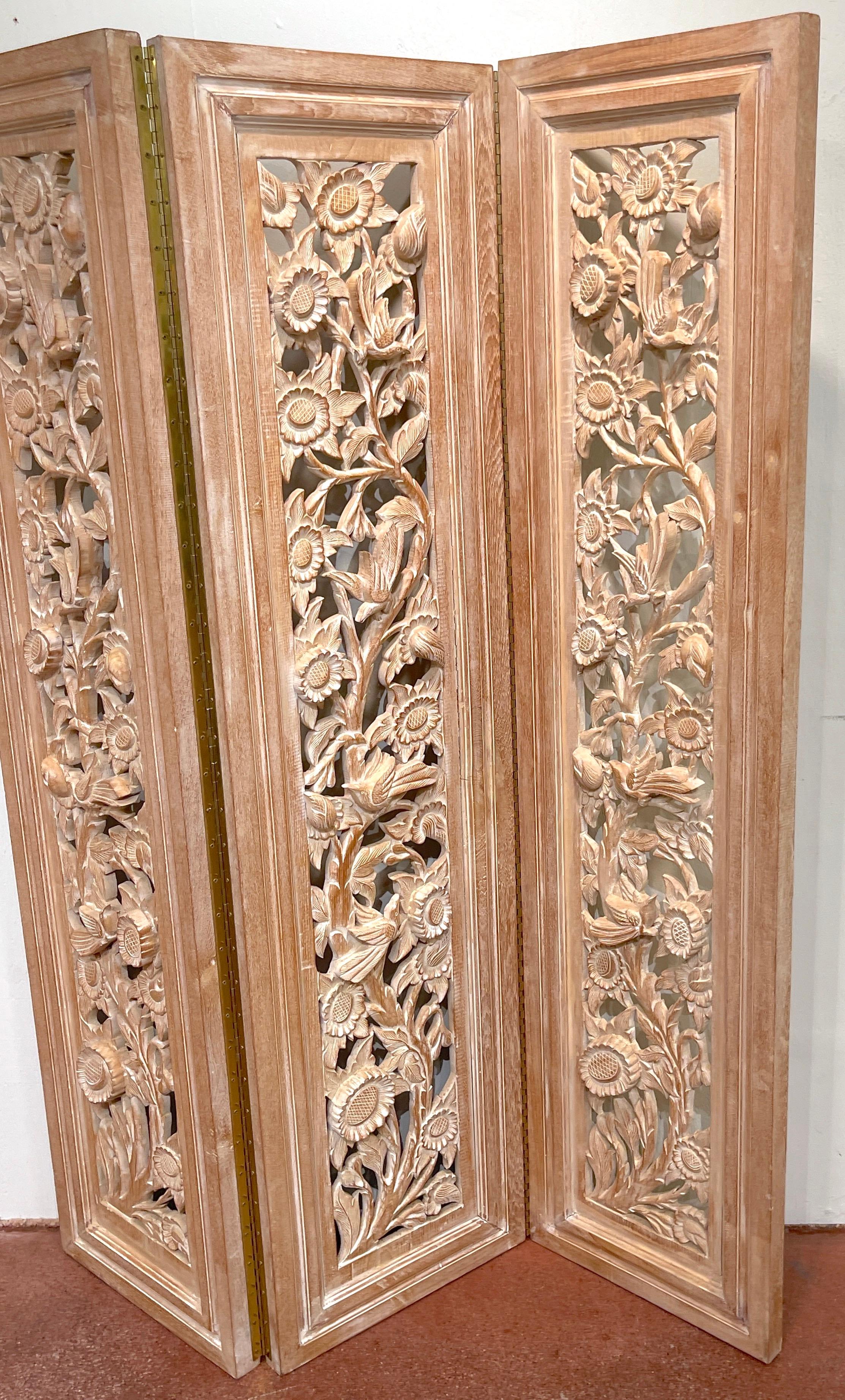 Mid-Century Modern Three-Panel Carved Bleached Hardwood Bird Floral Screen, Style of James Mont  For Sale