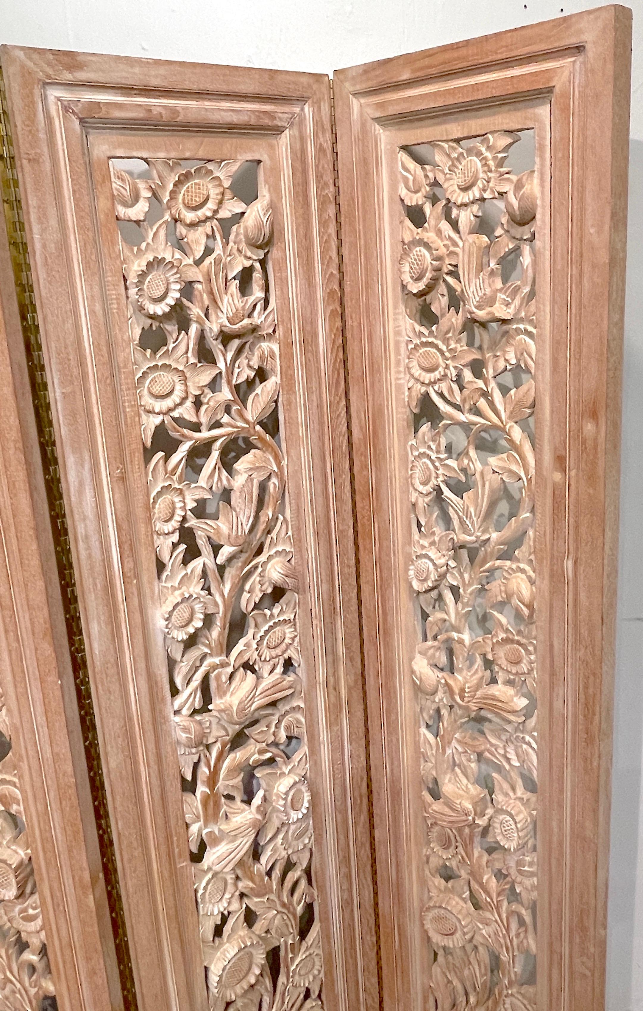 20th Century Three-Panel Carved Bleached Hardwood Bird Floral Screen, Style of James Mont  For Sale