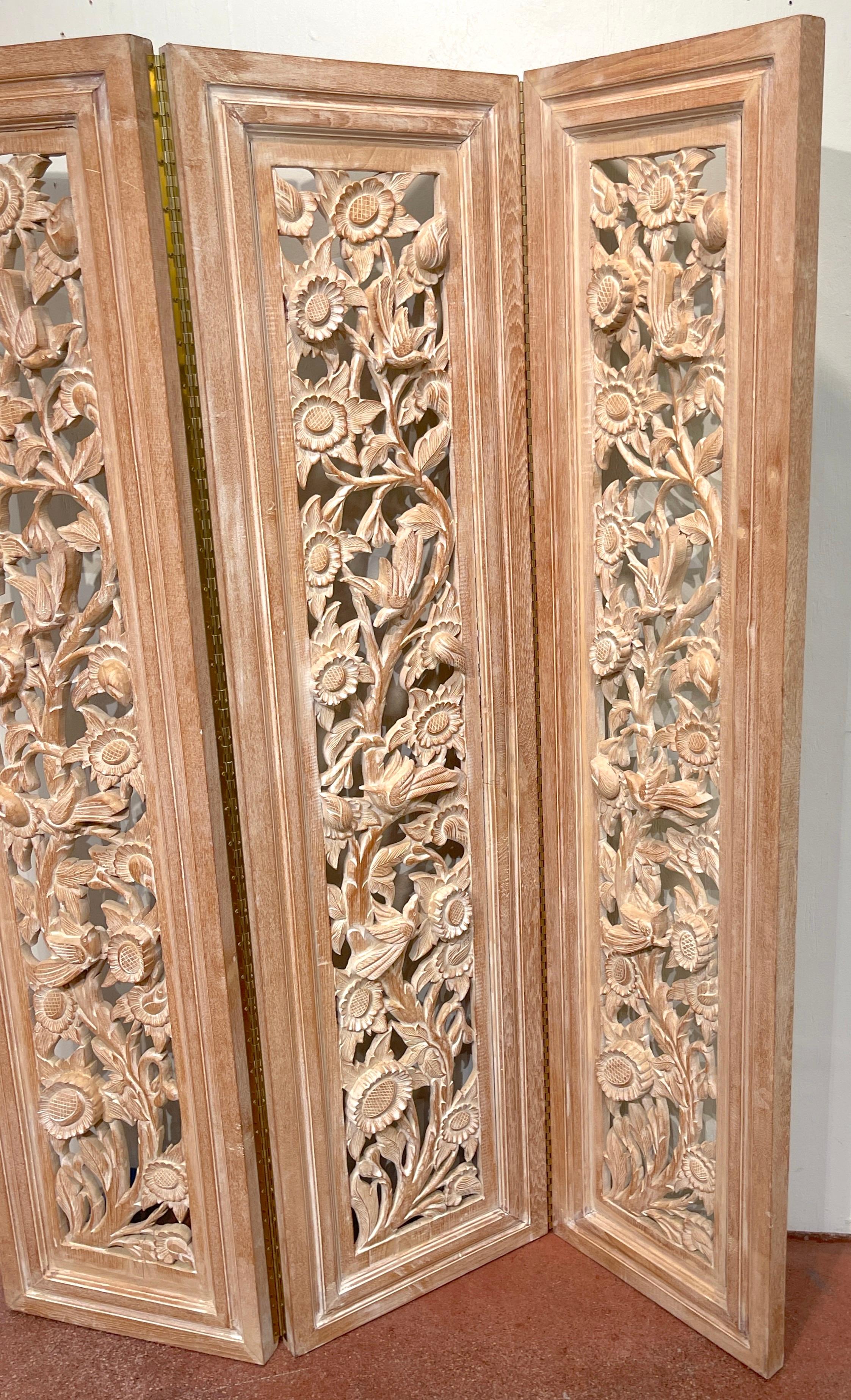 Brass Three-Panel Carved Bleached Hardwood Bird Floral Screen, Style of James Mont  For Sale