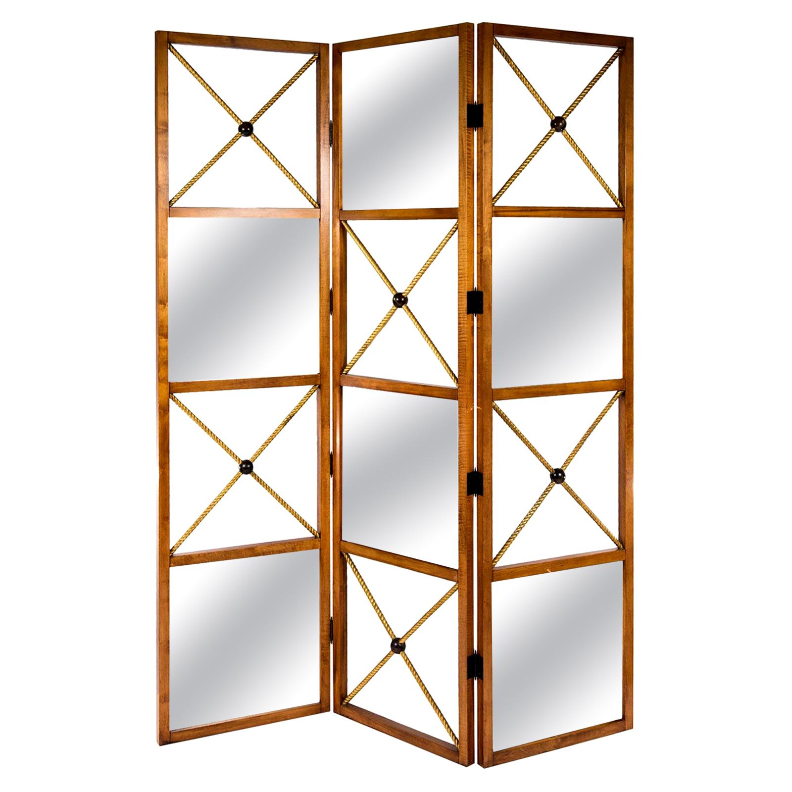 Three-Panel Contemporary Neoclassical Style Mirrored Screen For Sale