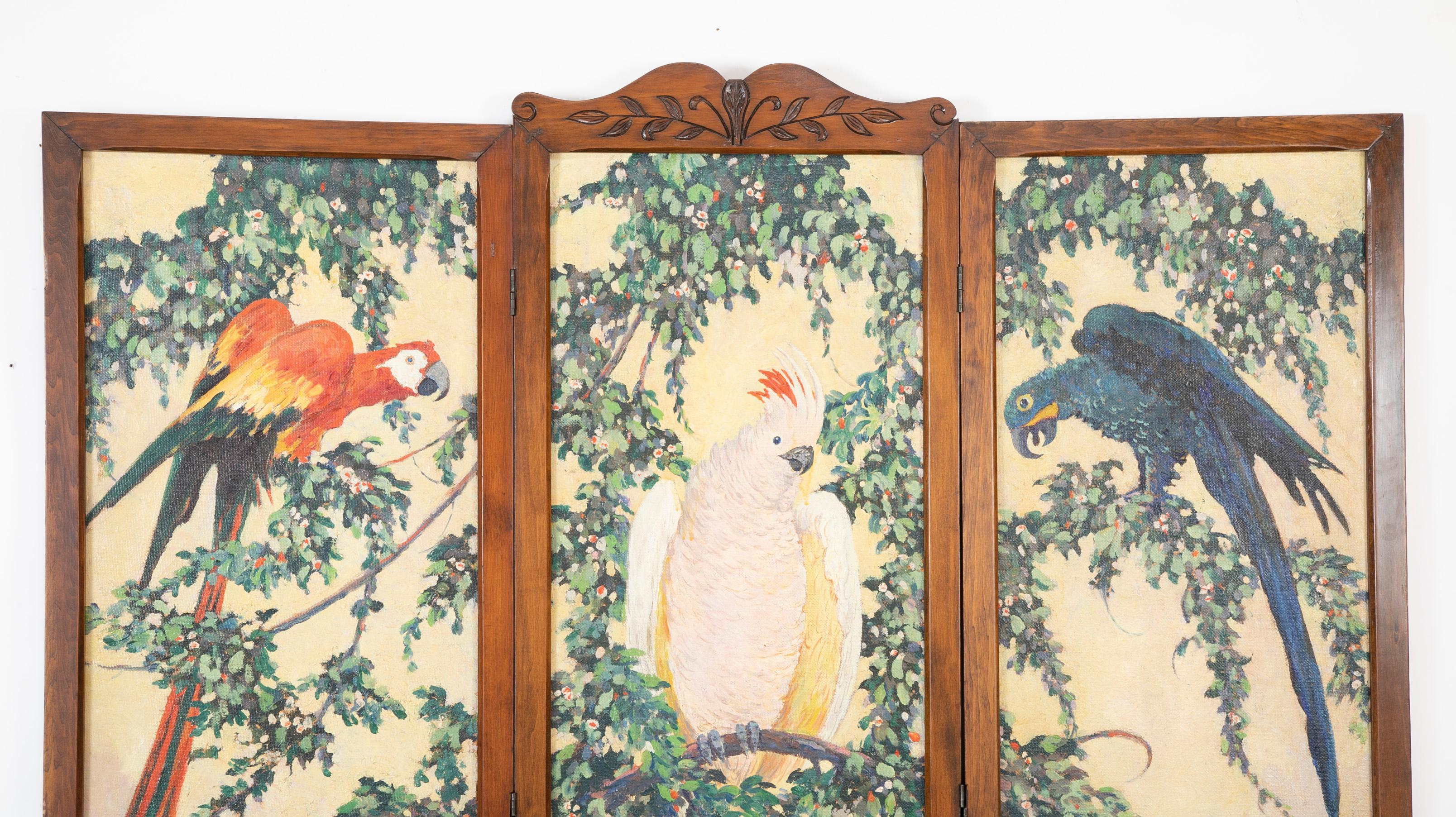 Three-panel folding screen with a scarlet macaw, cockatoo and hyacinth macaw. Signed and dated 