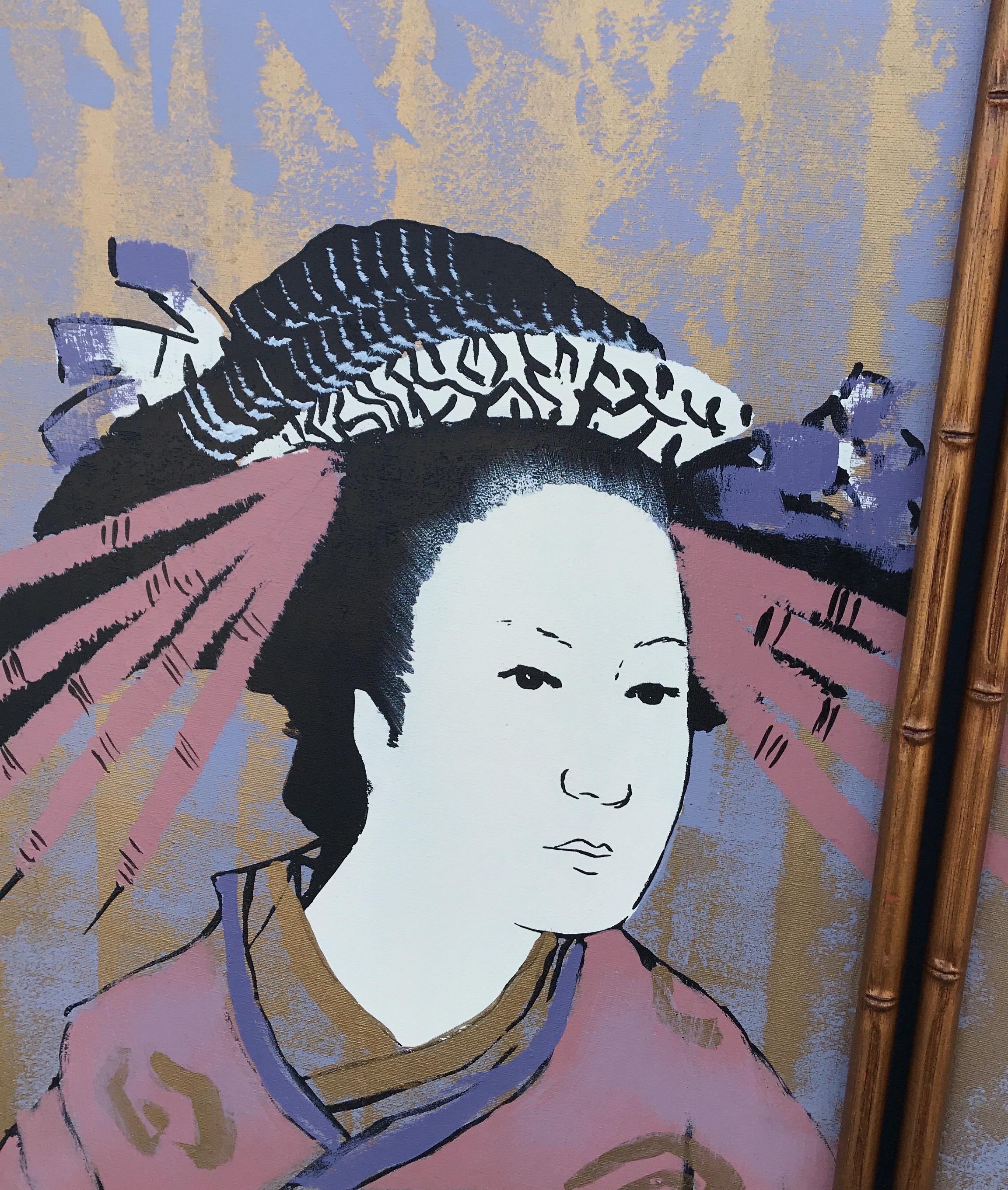 20th Century Three-Panel Painted Japanese Screen