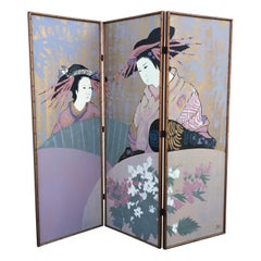 Three-Panel Painted Japanese Screen