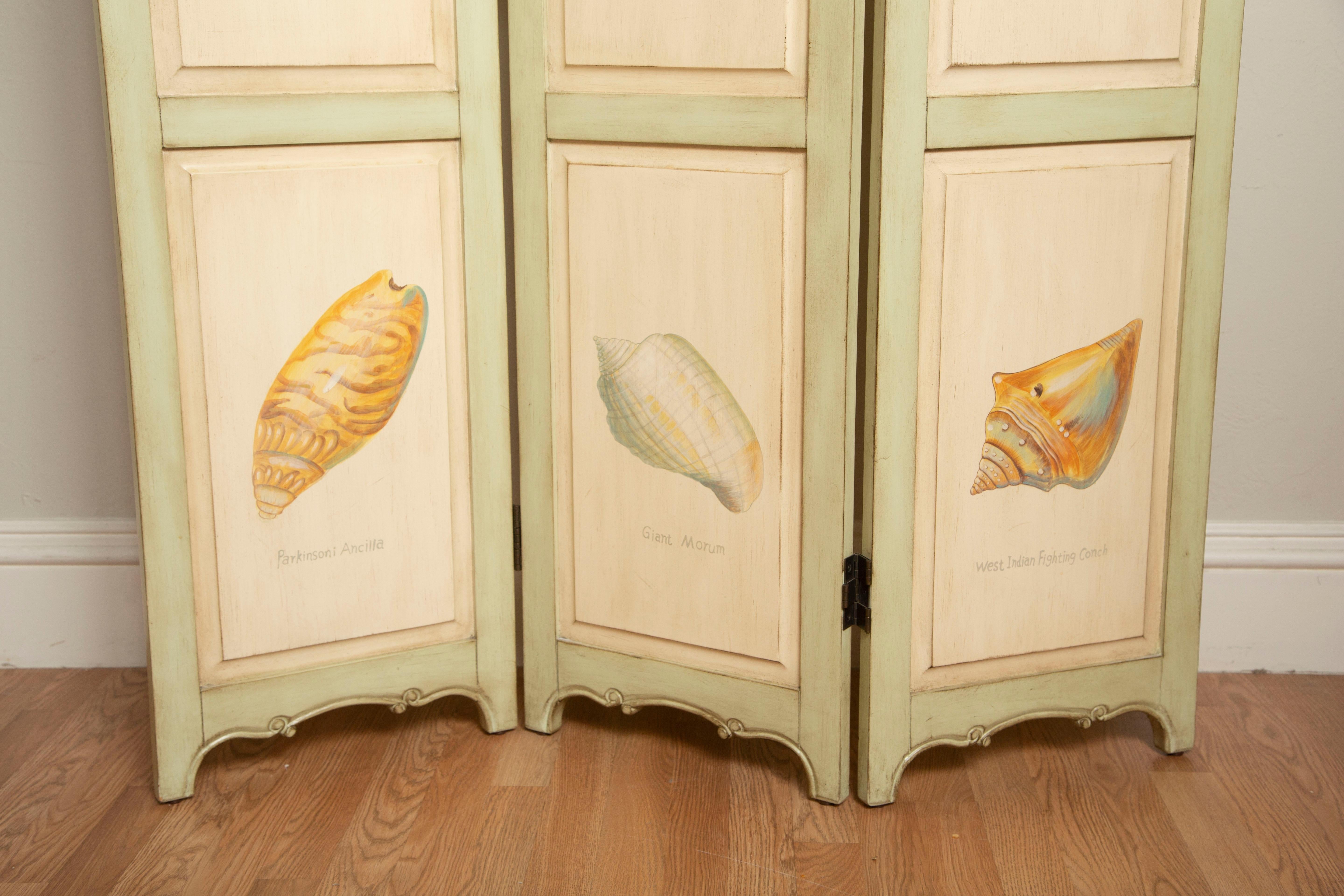 20th Century Three-Panel Painted Sea Shell Screen For Sale
