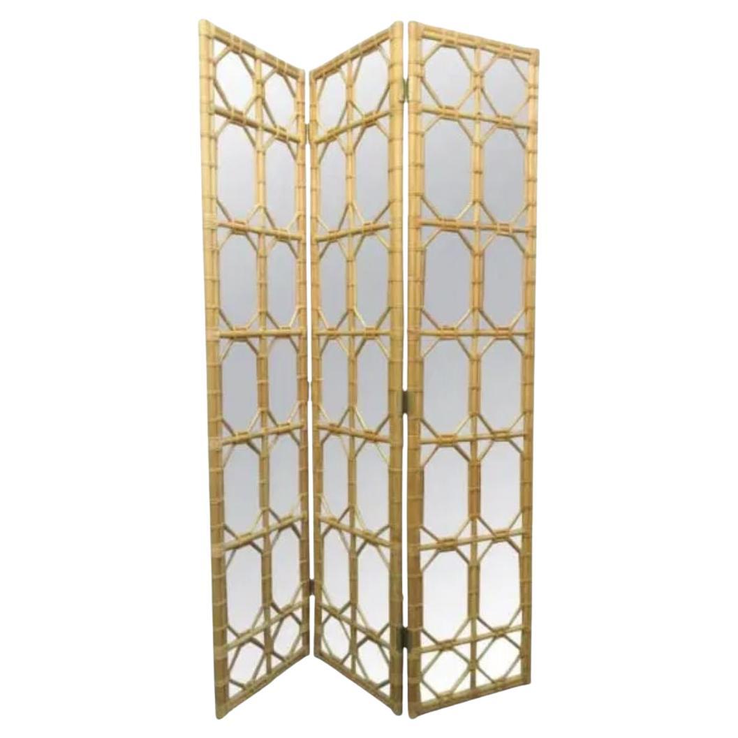Three Panel Rattan and Mirror Screen