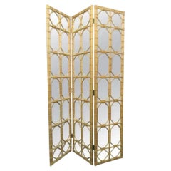 Three Panel Rattan and Mirror Screen
