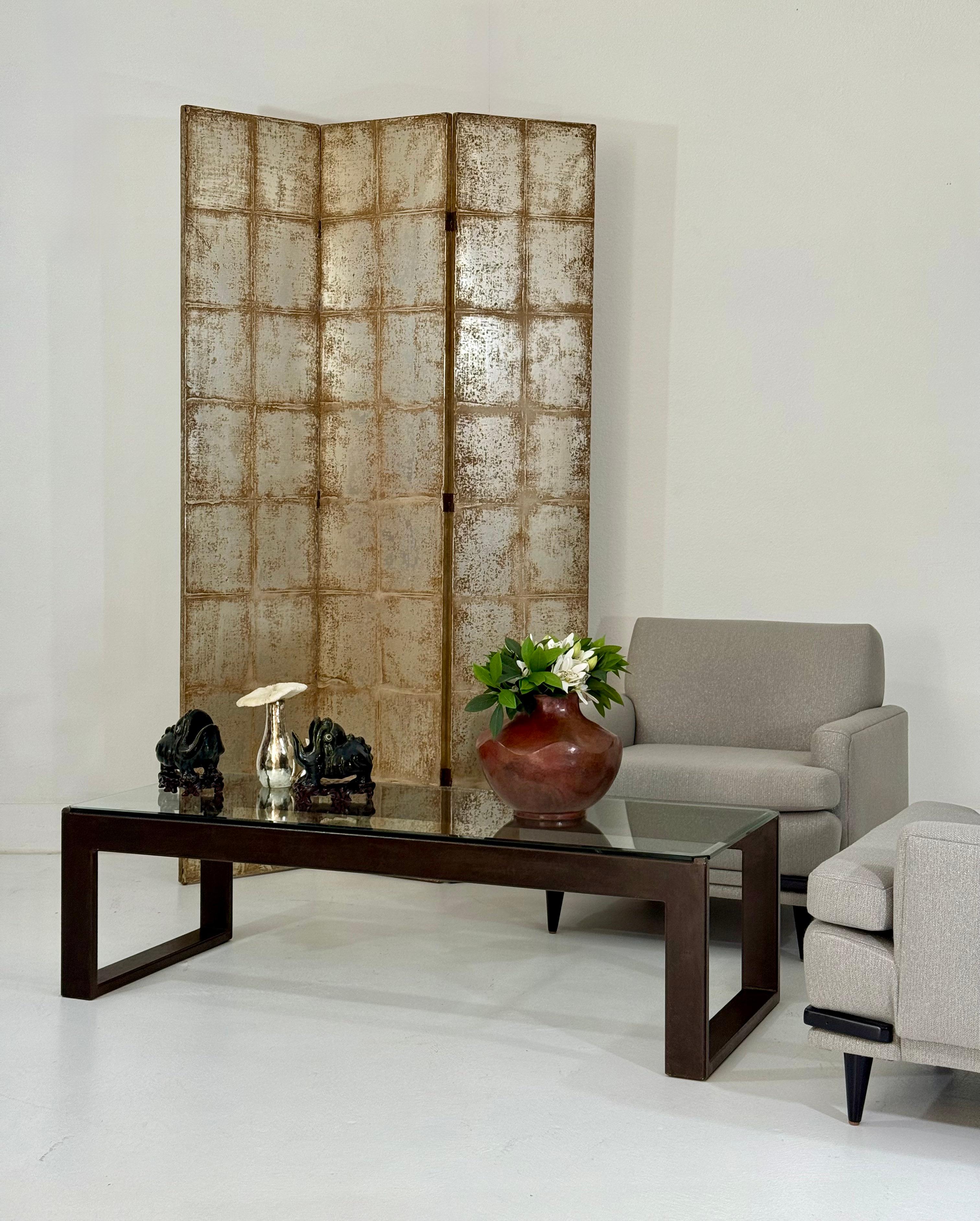 Three-Panel Silver Tea Leaf Folding Screen, Finished on Both Sides For Sale 6
