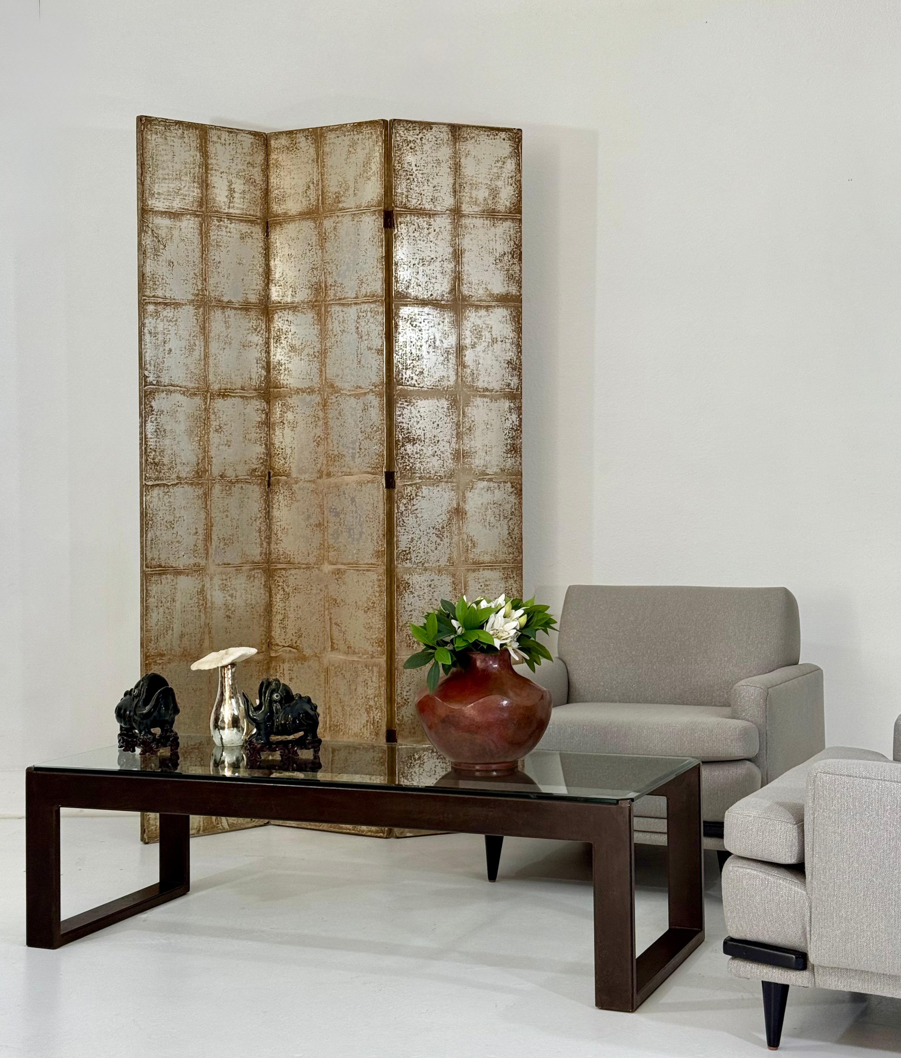 Three-Panel Silver Tea Leaf Folding Screen, Finished on Both Sides For Sale 8