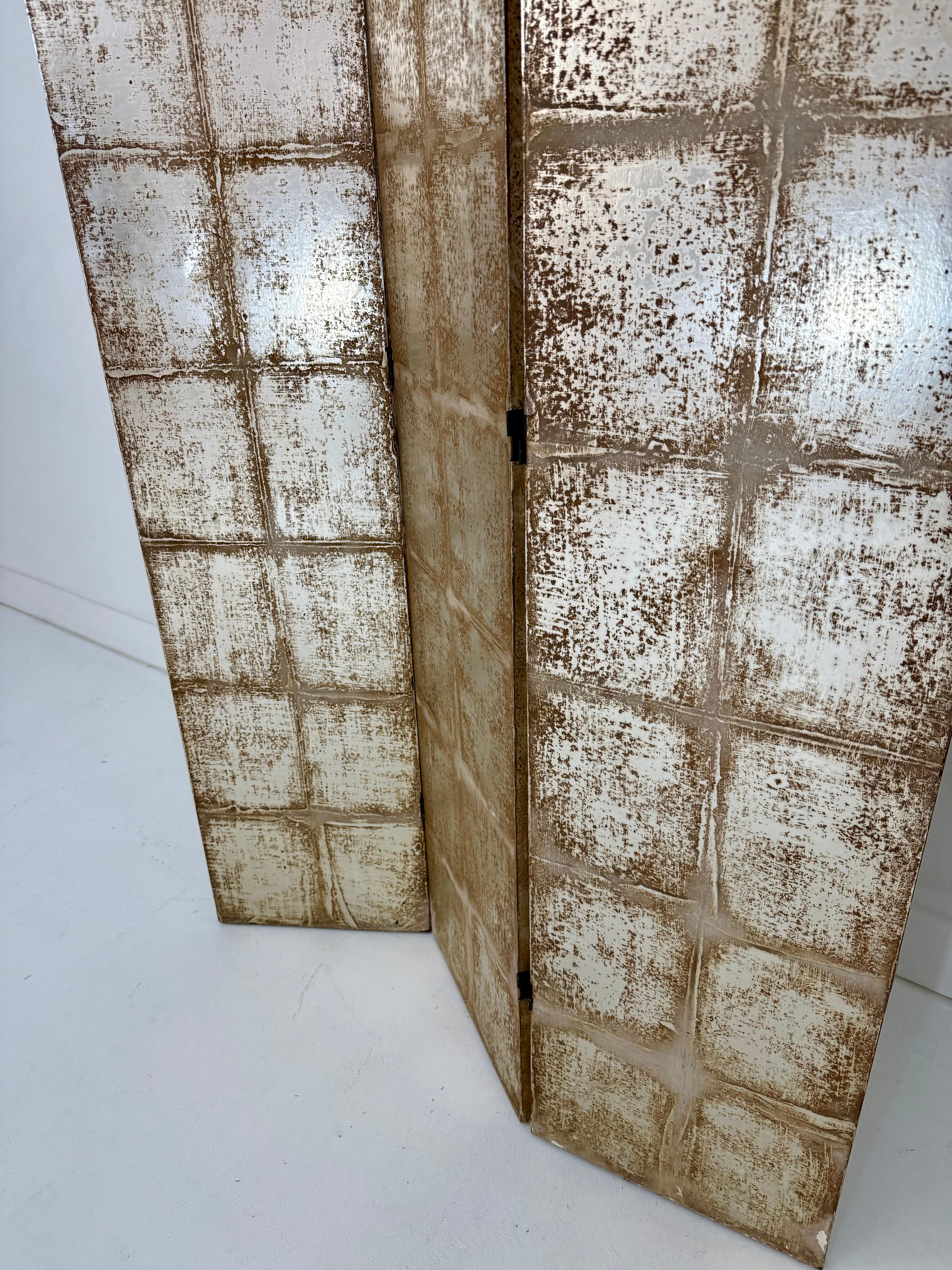Appliqué Three-Panel Silver Tea Leaf Folding Screen, Finished on Both Sides For Sale