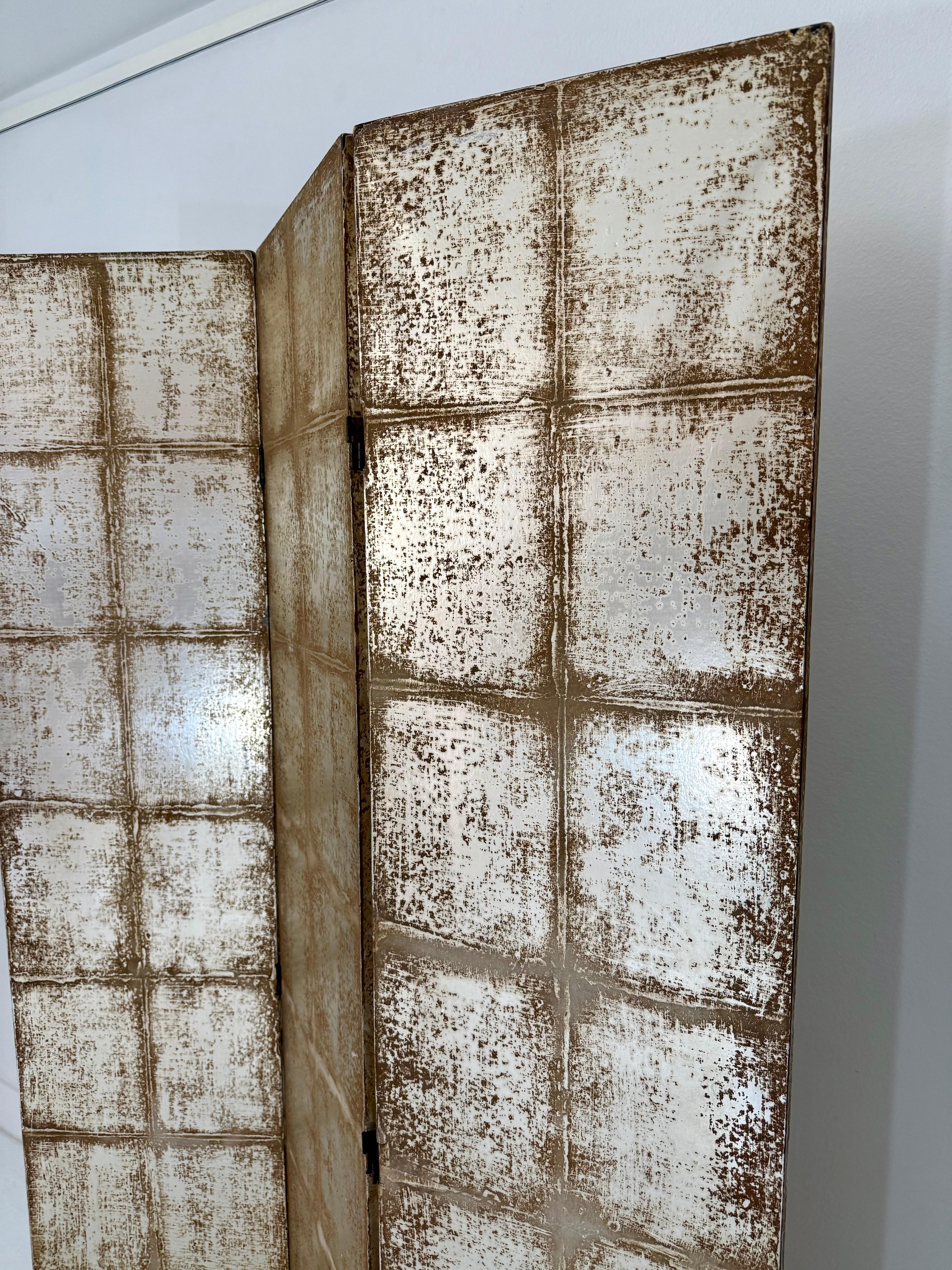 Three-Panel Silver Tea Leaf Folding Screen, Finished on Both Sides In Good Condition For Sale In Palm Desert, CA