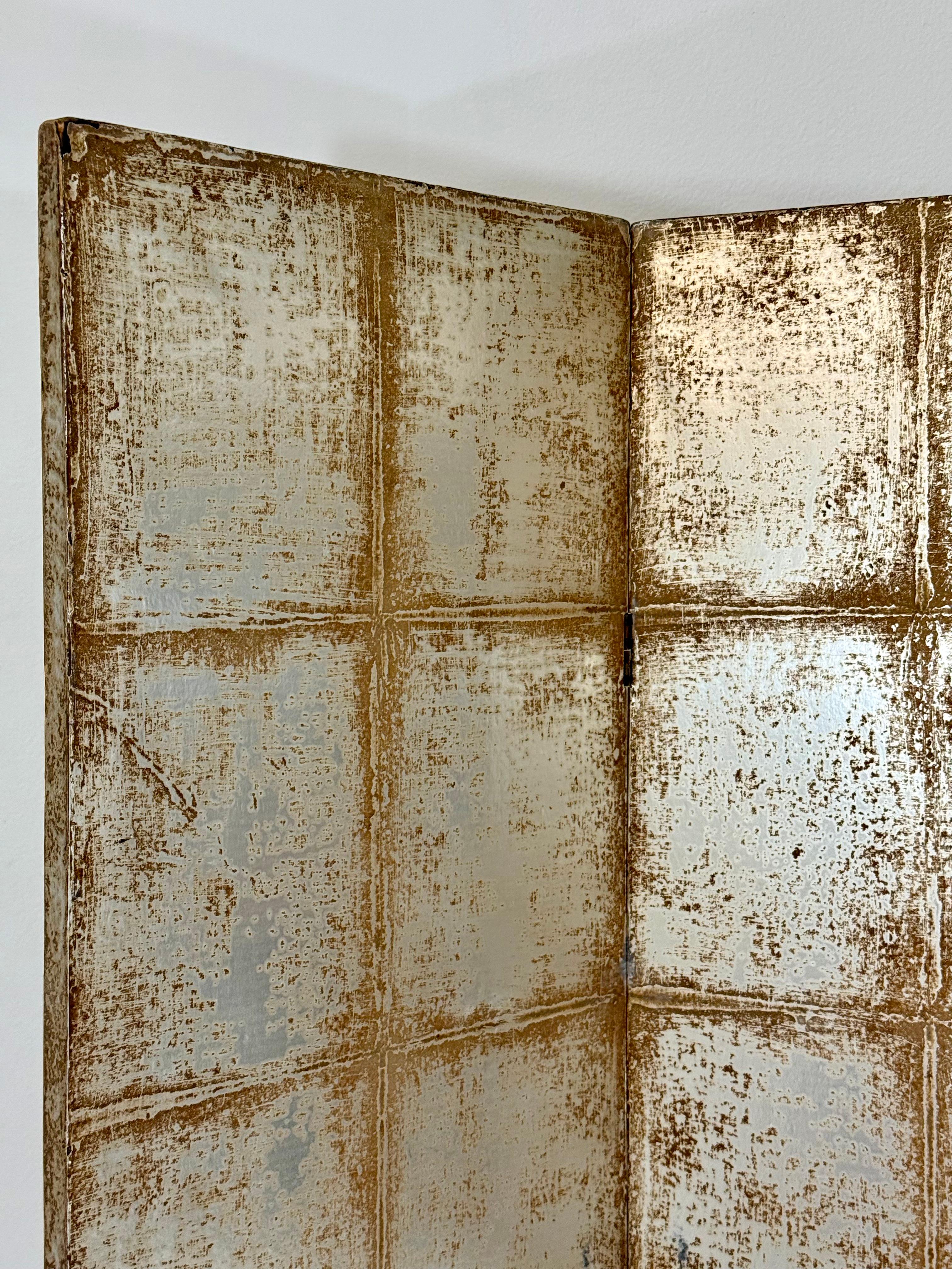 Mid-20th Century Three-Panel Silver Tea Leaf Folding Screen, Finished on Both Sides For Sale