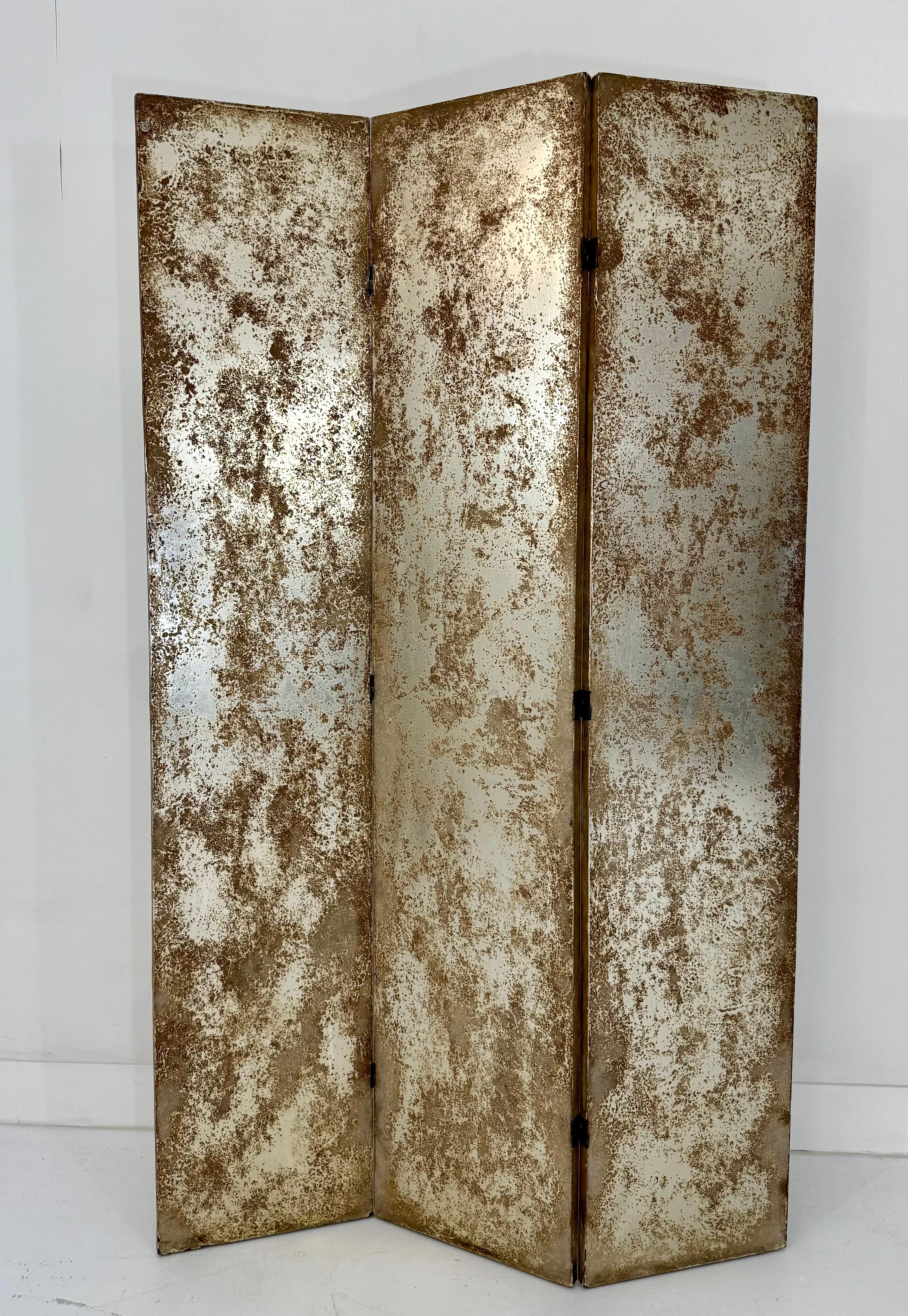 Metal Three-Panel Silver Tea Leaf Folding Screen, Finished on Both Sides For Sale