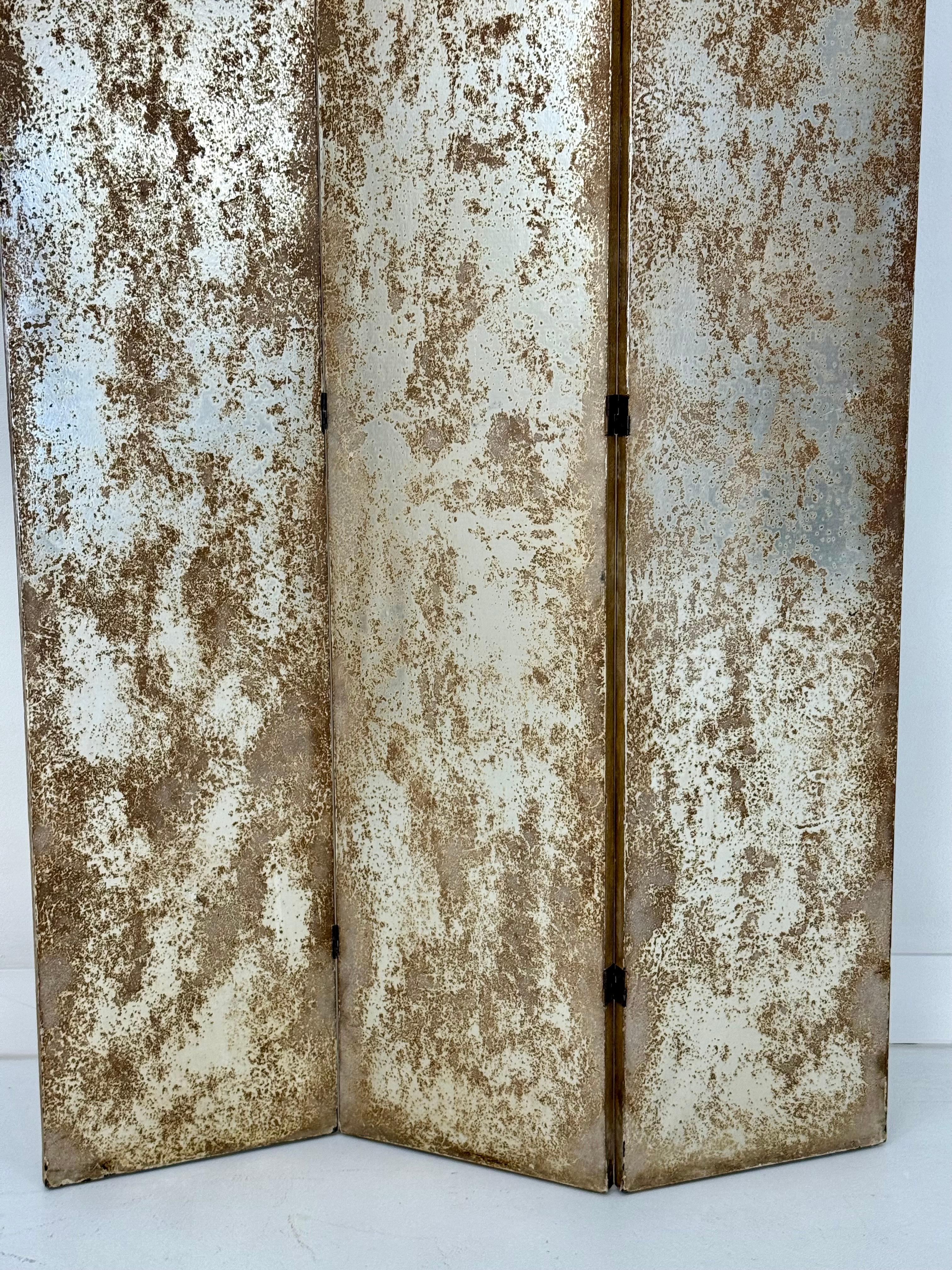 Three-Panel Silver Tea Leaf Folding Screen, Finished on Both Sides For Sale 1