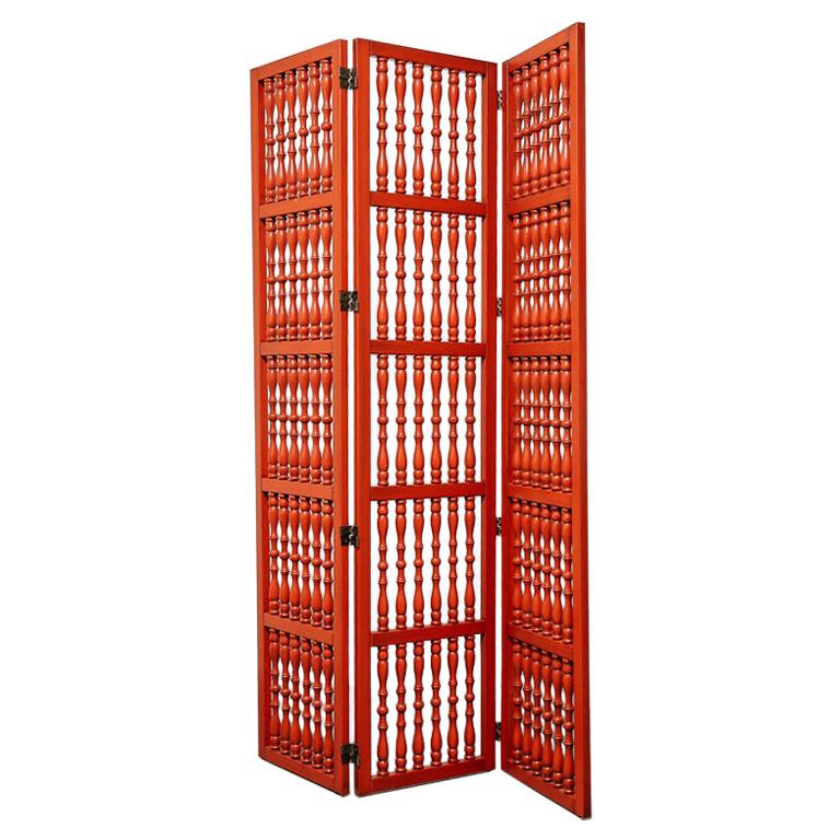 ThreePanel Turned Wood Room Screens in Coral Red For Sale at 1stDibs