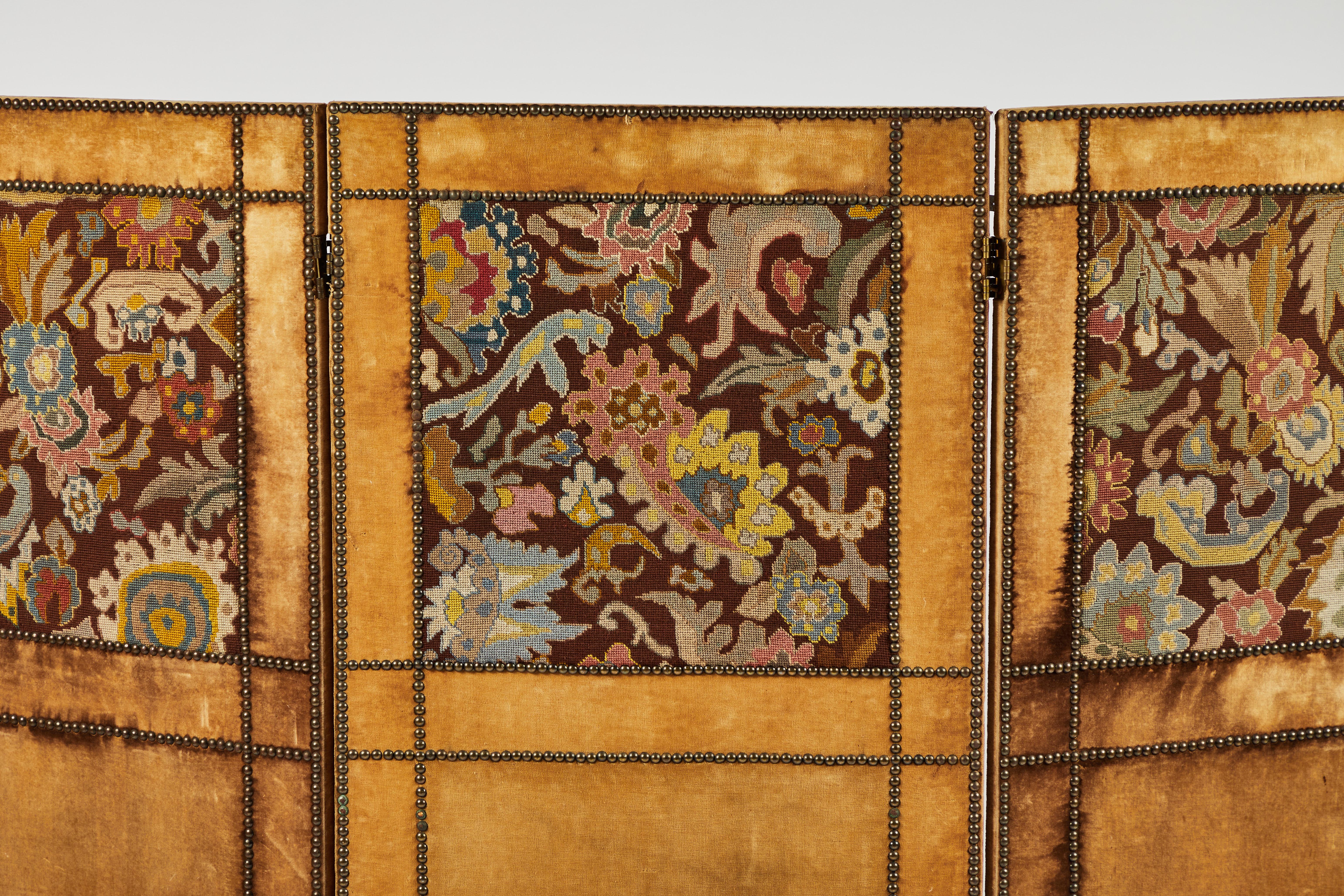 European Three-Panel Velvet and Tapestry Folding Screen, 19th Century For Sale