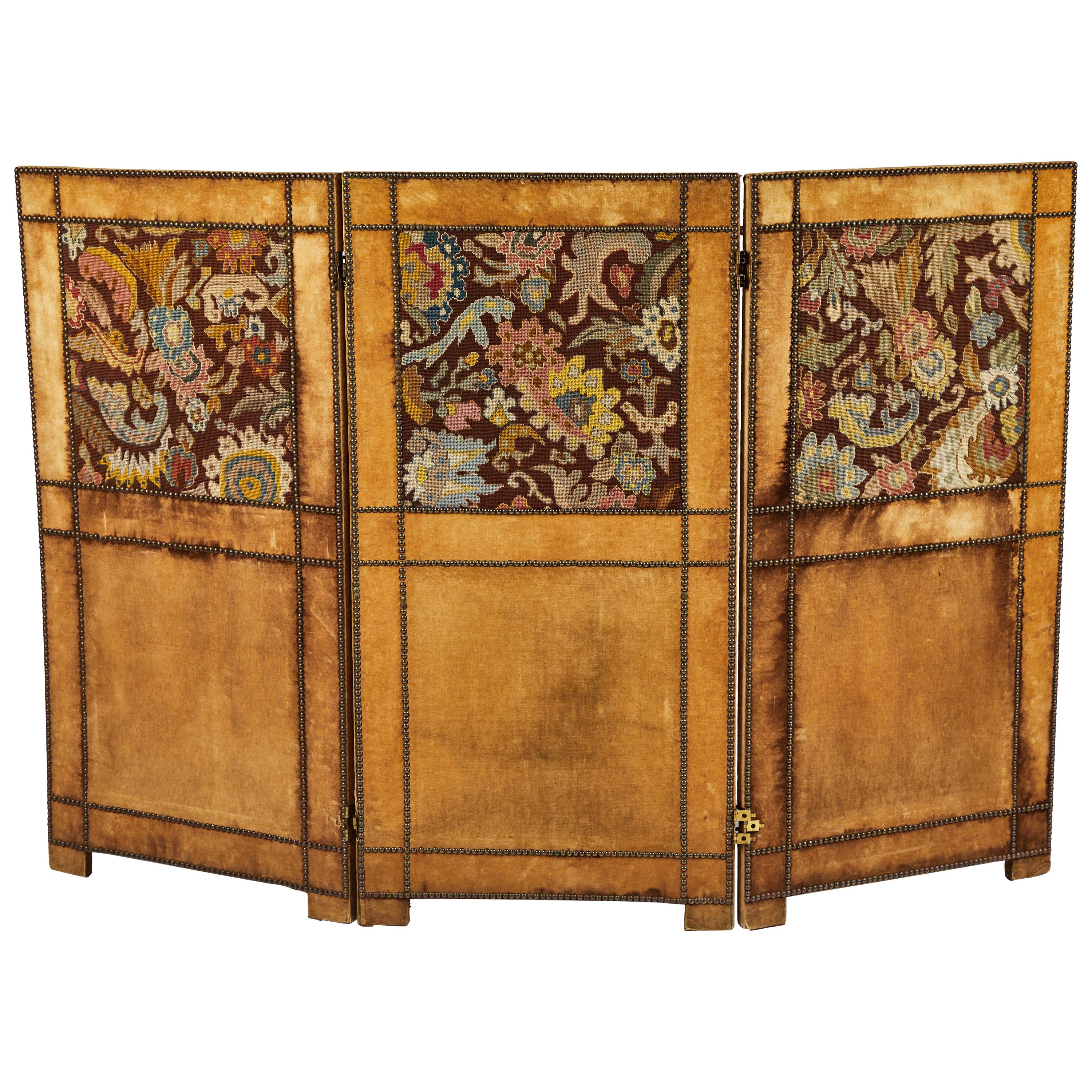 Three-Panel Velvet and Tapestry Folding Screen, 19th Century For Sale