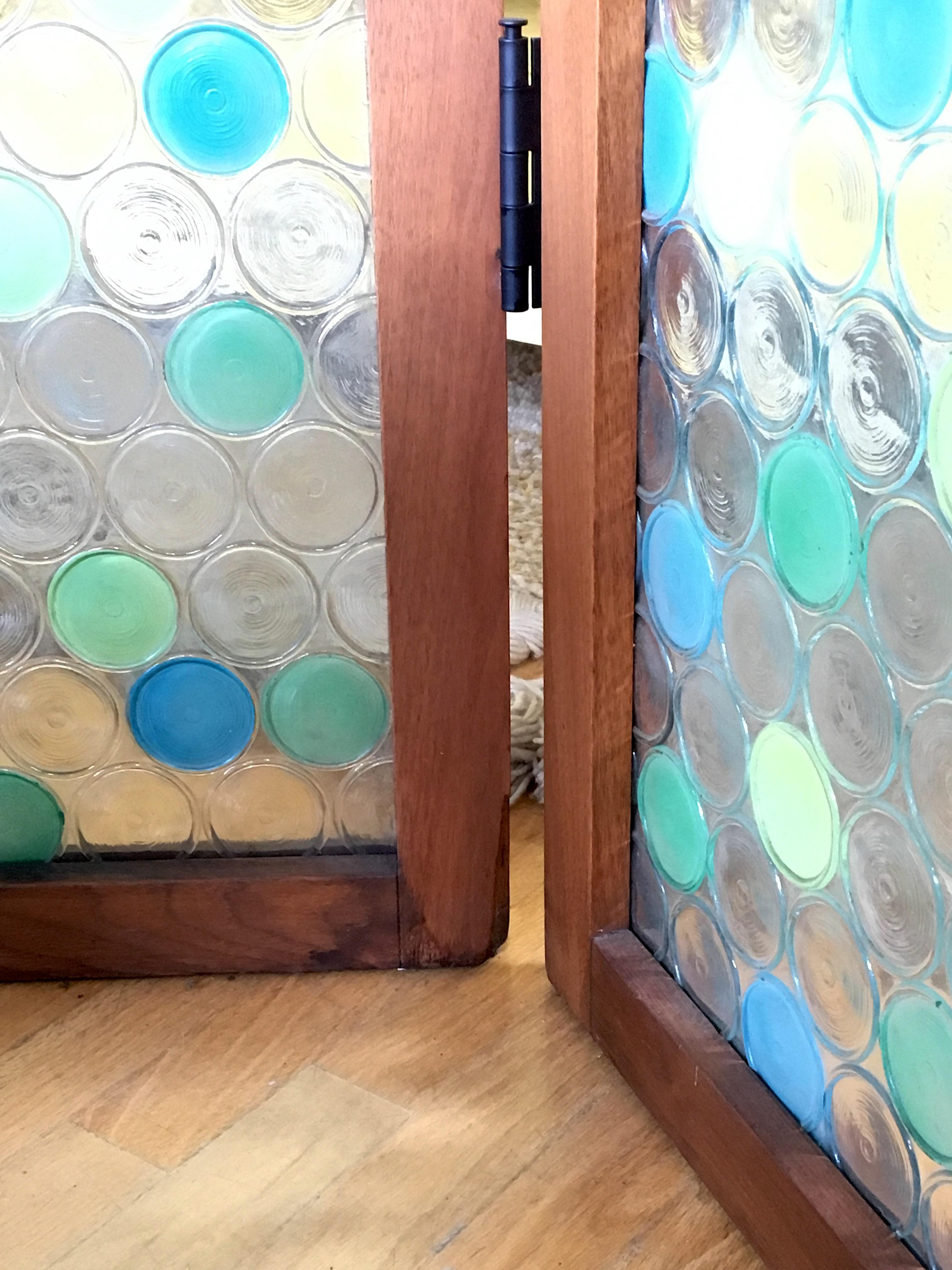 Three Panel Walnut Frame Screen with Circles Pattern Molded Glass Painted Dots 2