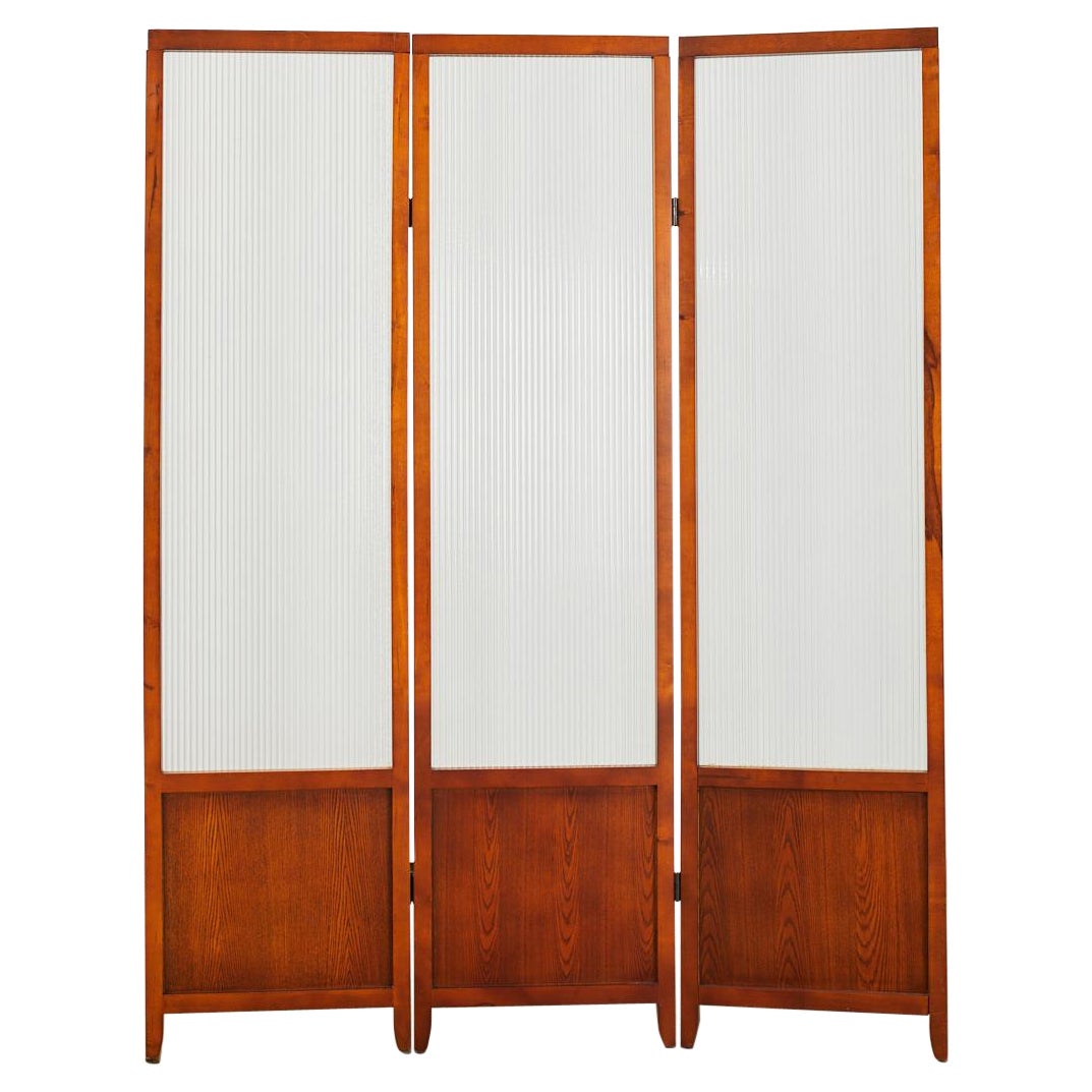 Paravent de séparation de pièce à trois panneaux en bois et verre Corregated
