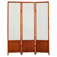 Three Panel Wood and Corregated Glass Room Divider Dressing Screen