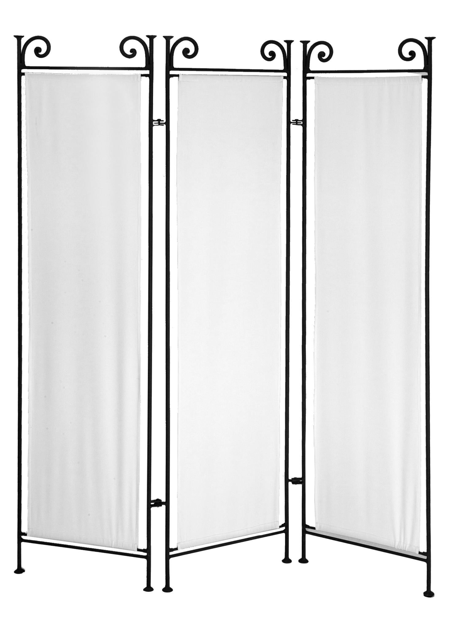 Wrought iron room dividers screen/room divider features three new custom-made removable panels in off-white Sunbrella fabric, the fabric is held with iron rods on the top and bottom, making it easily removable for cleaning.
