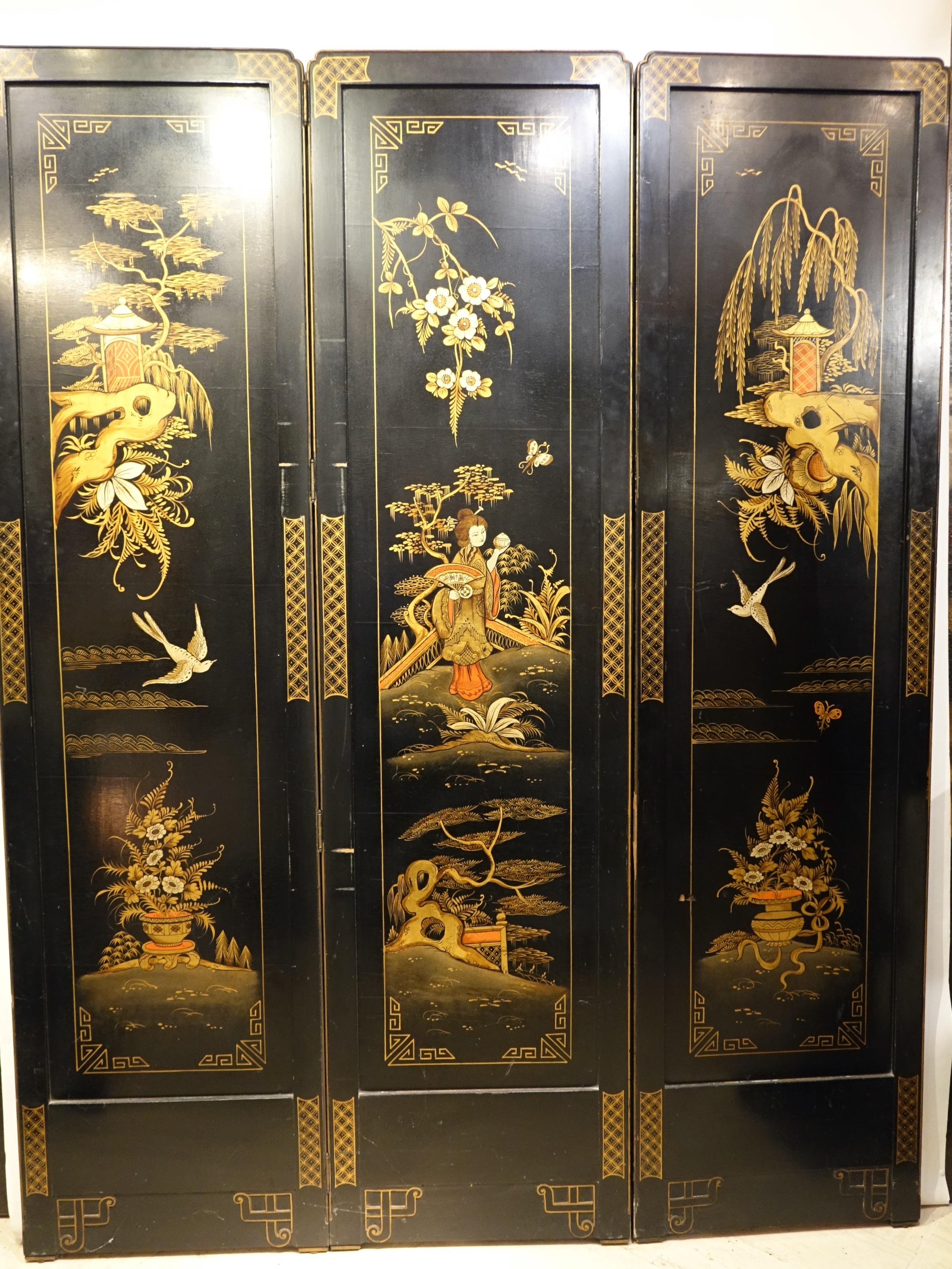 Dreiteiliges Creen aus schwarzem Lack und polychromer Vergoldung, China 20. im Angebot 3