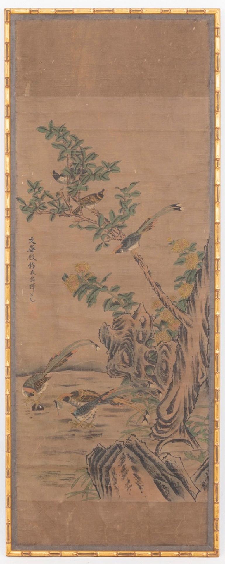 Hand-Painted Three Panels in Rice Paper with a Chinese Decor, circa 1880