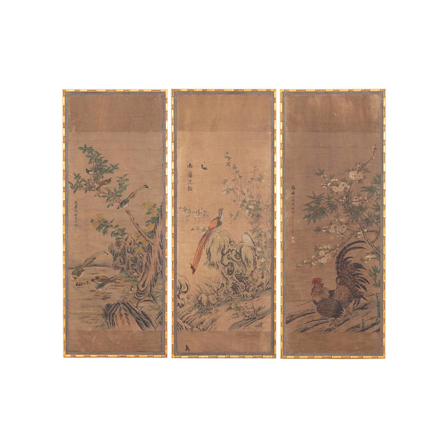 Three Panels in Rice Paper with a Chinese Decor, circa 1880