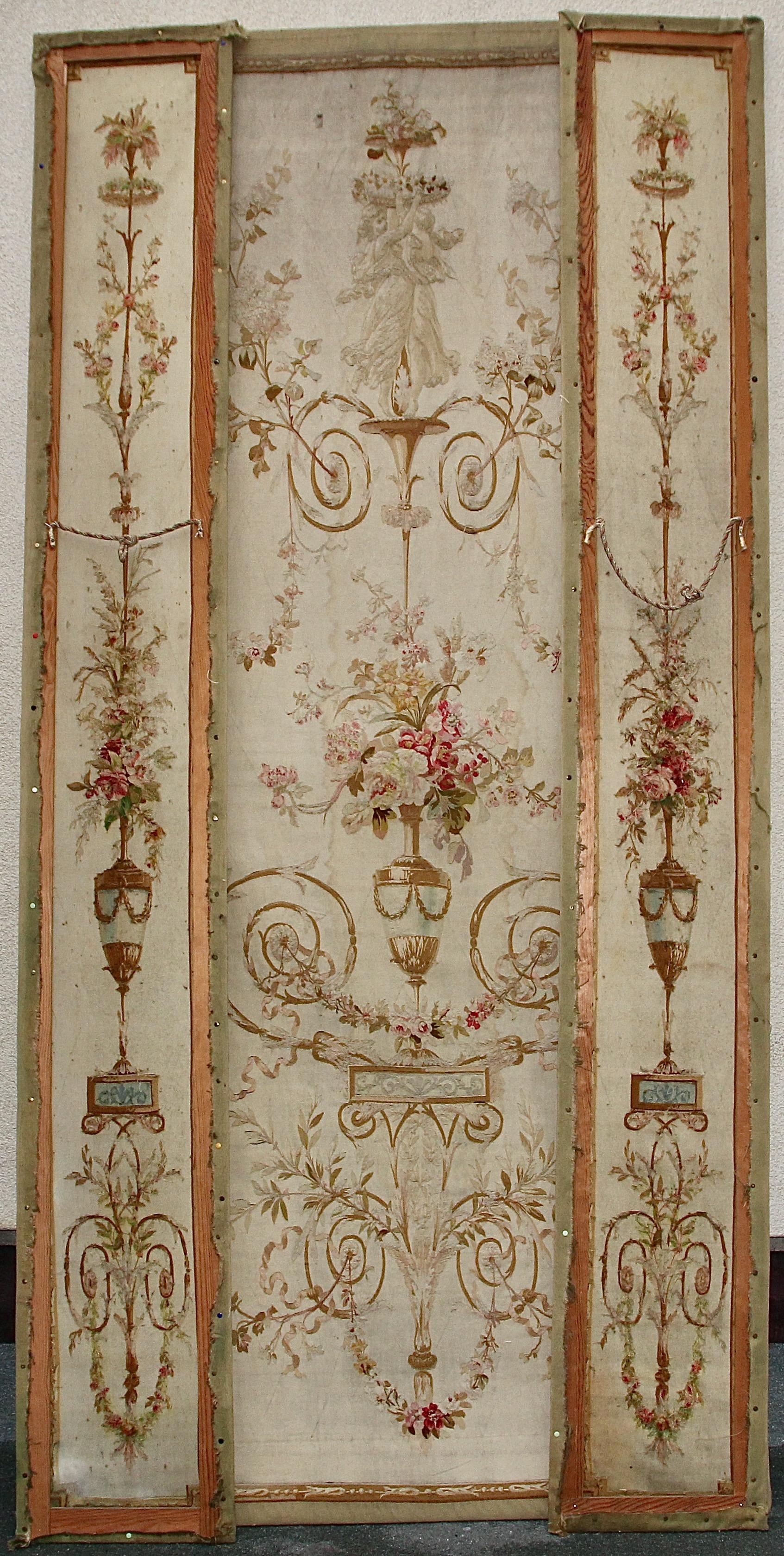 Three-Part, Antique, French Embroidery, Aubusson, Tapestry, Wall Decoration For Sale 6