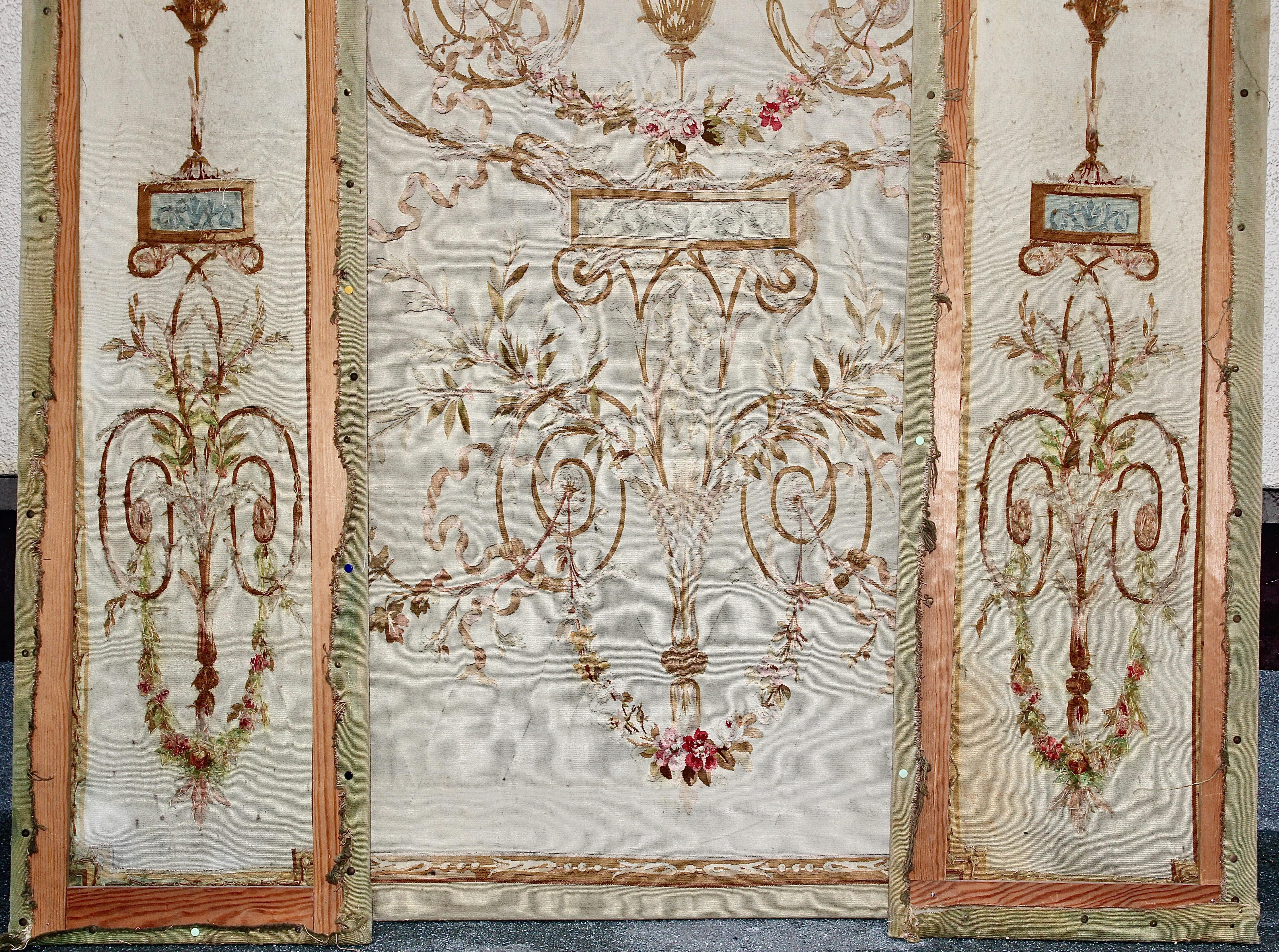 Three-Part, Antique, French Embroidery, Aubusson, Tapestry, Wall Decoration For Sale 7