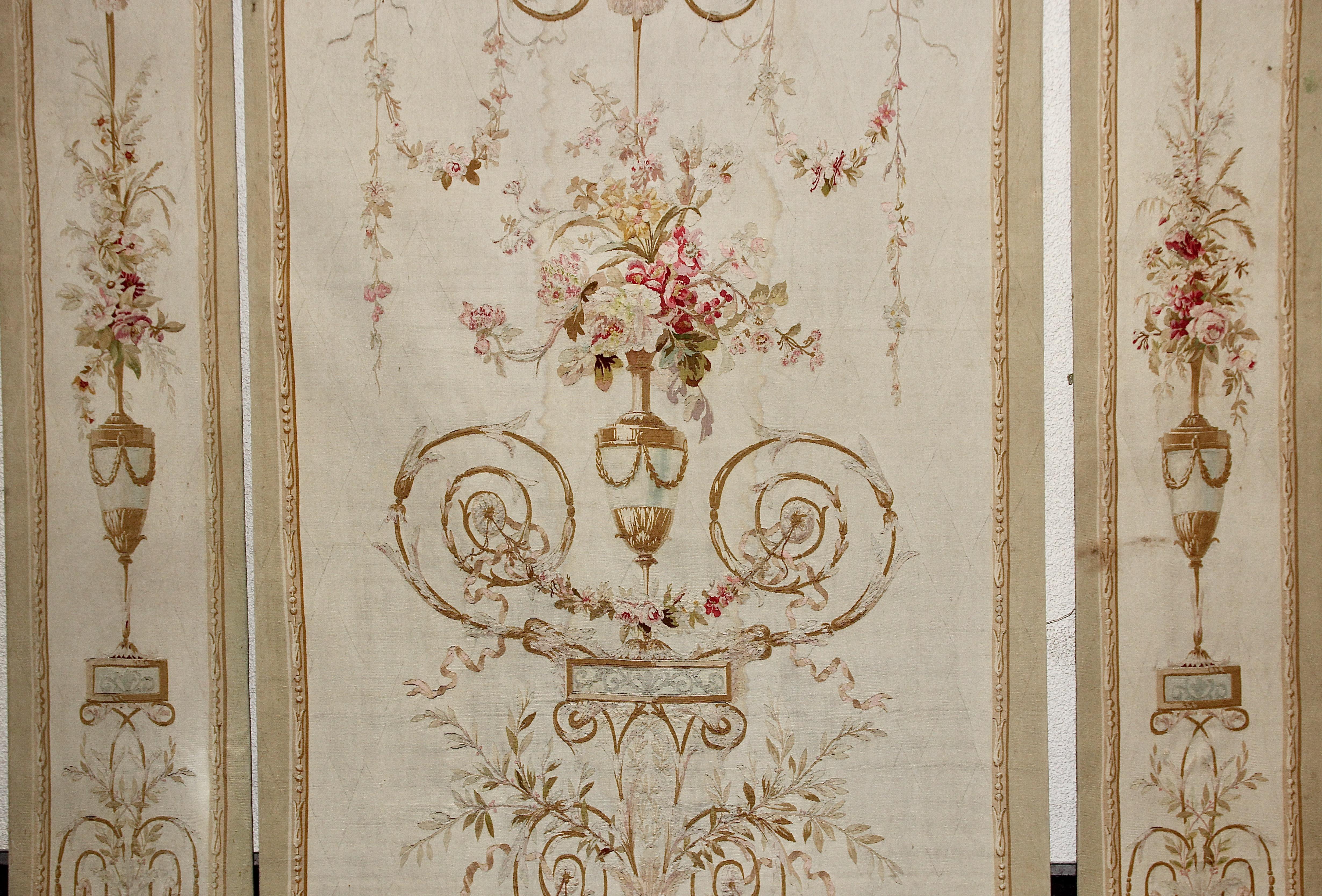 Hand-Woven Three-Part, Antique, French Embroidery, Aubusson, Tapestry, Wall Decoration For Sale