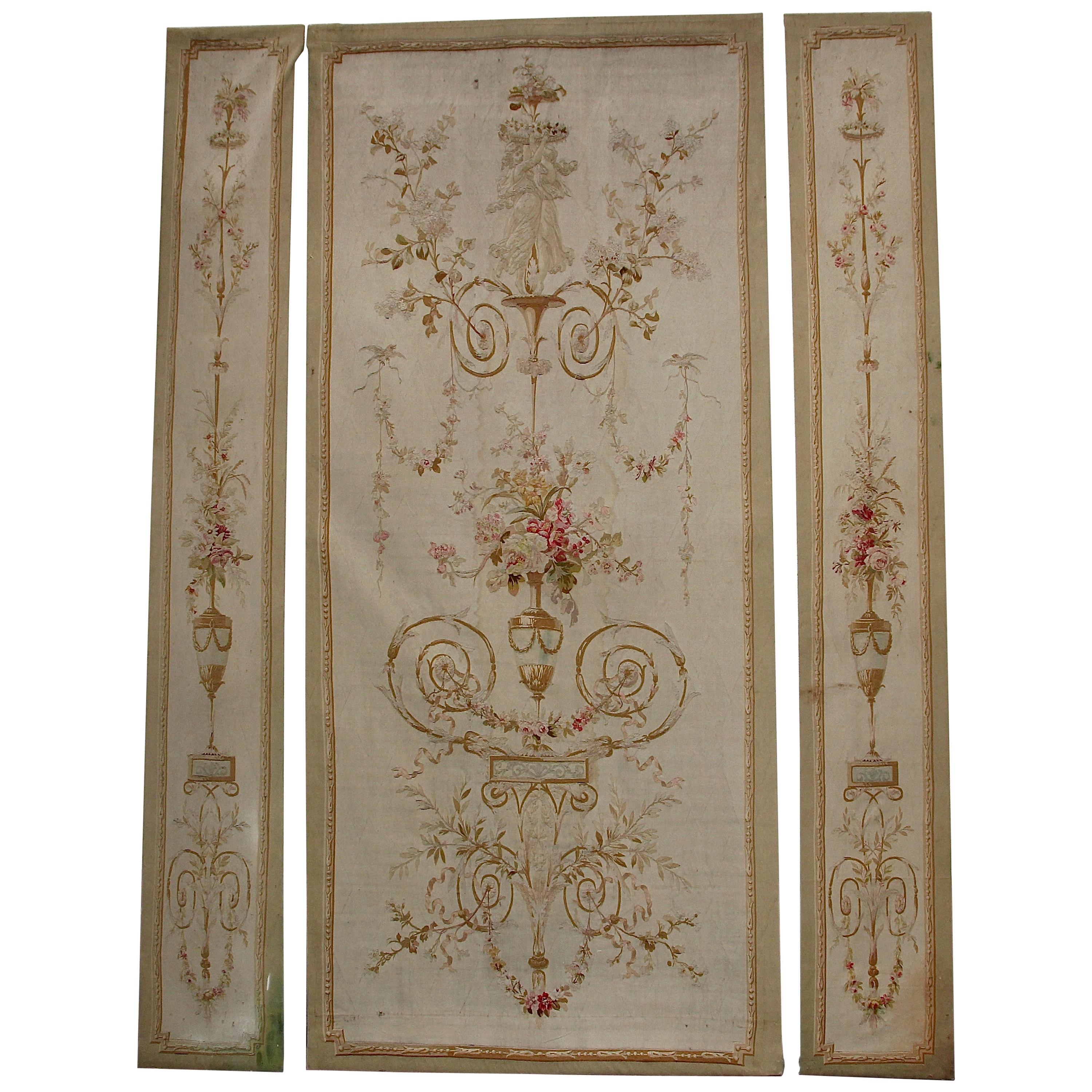 Three-Part, Antique, French Embroidery, Aubusson, Tapestry, Wall Decoration For Sale