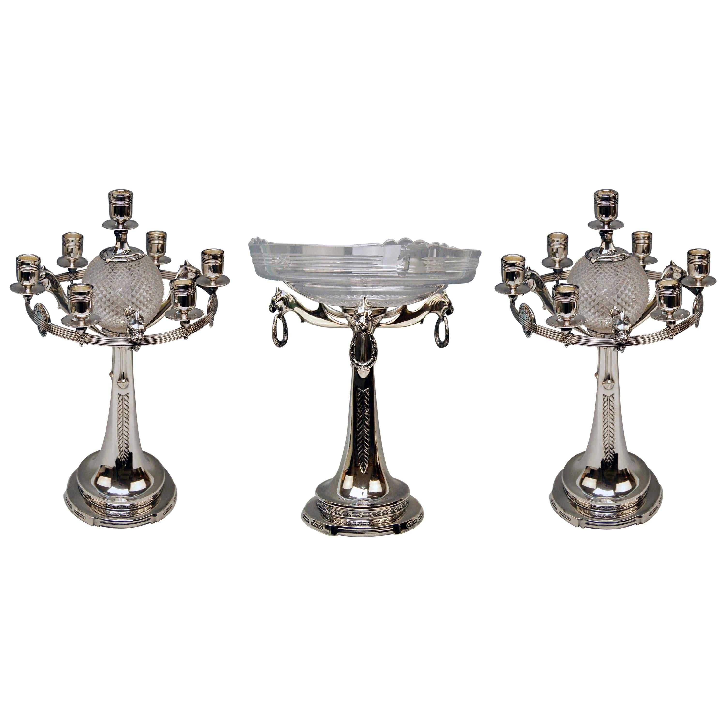 Three-Part Table Set Centerpiece Pair of Candelabras Silver Plated, Germany 1915