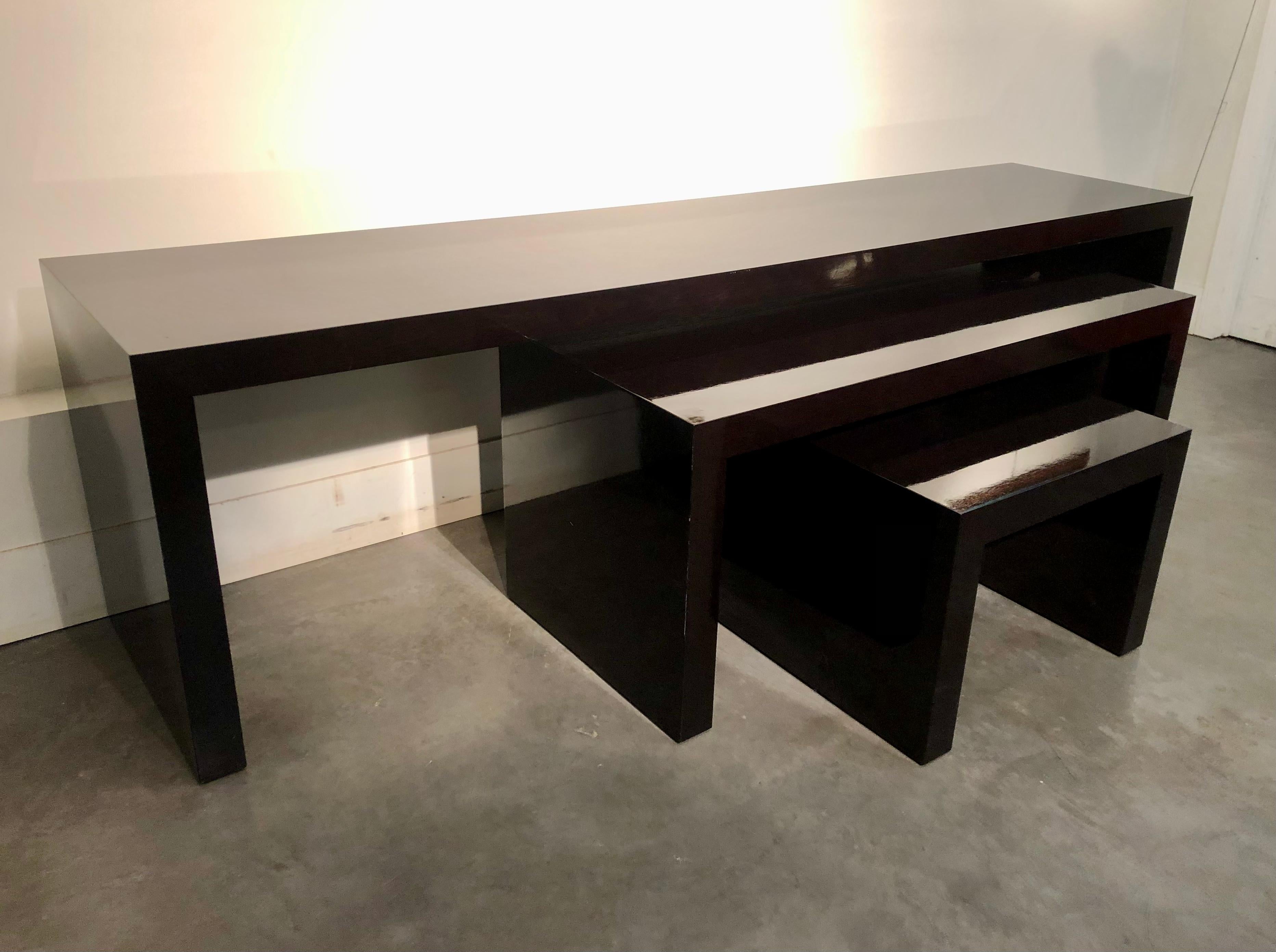 Minimalist Three Parts Console in Black Wood from the Eighties For Sale