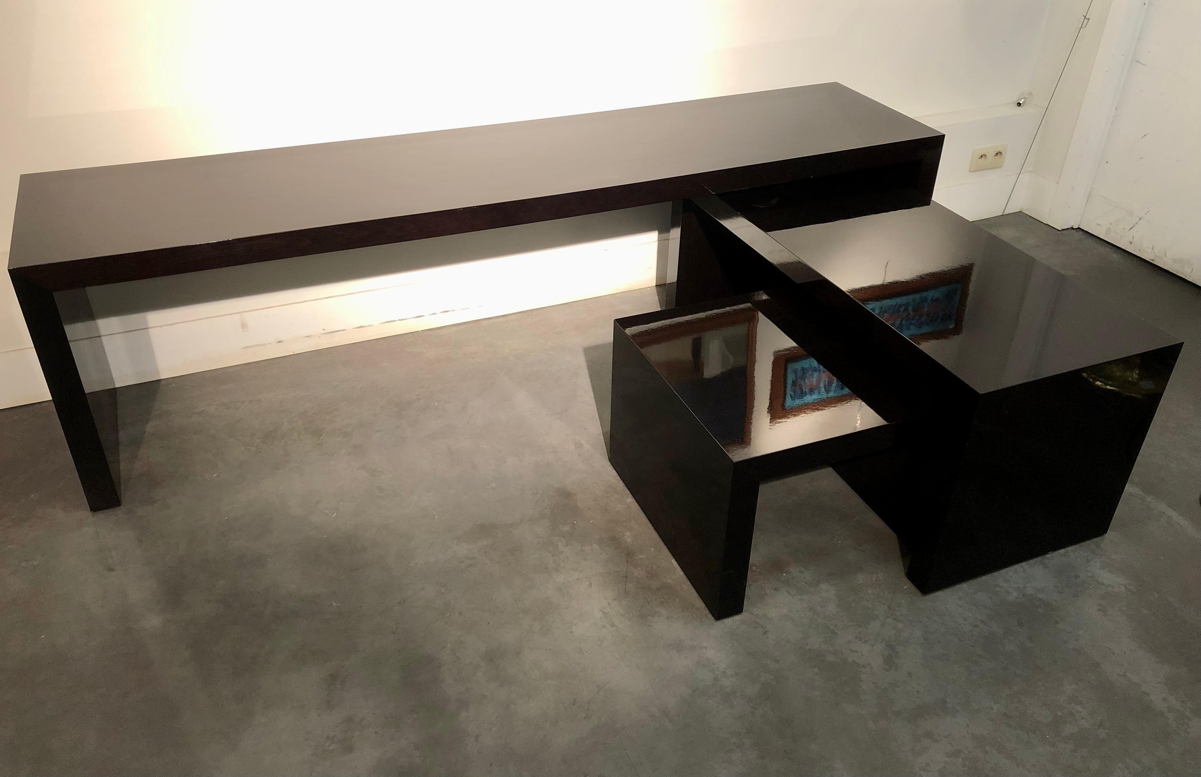 Three Parts Console in Black Wood from the Eighties In Fair Condition For Sale In Bruxelles, BE