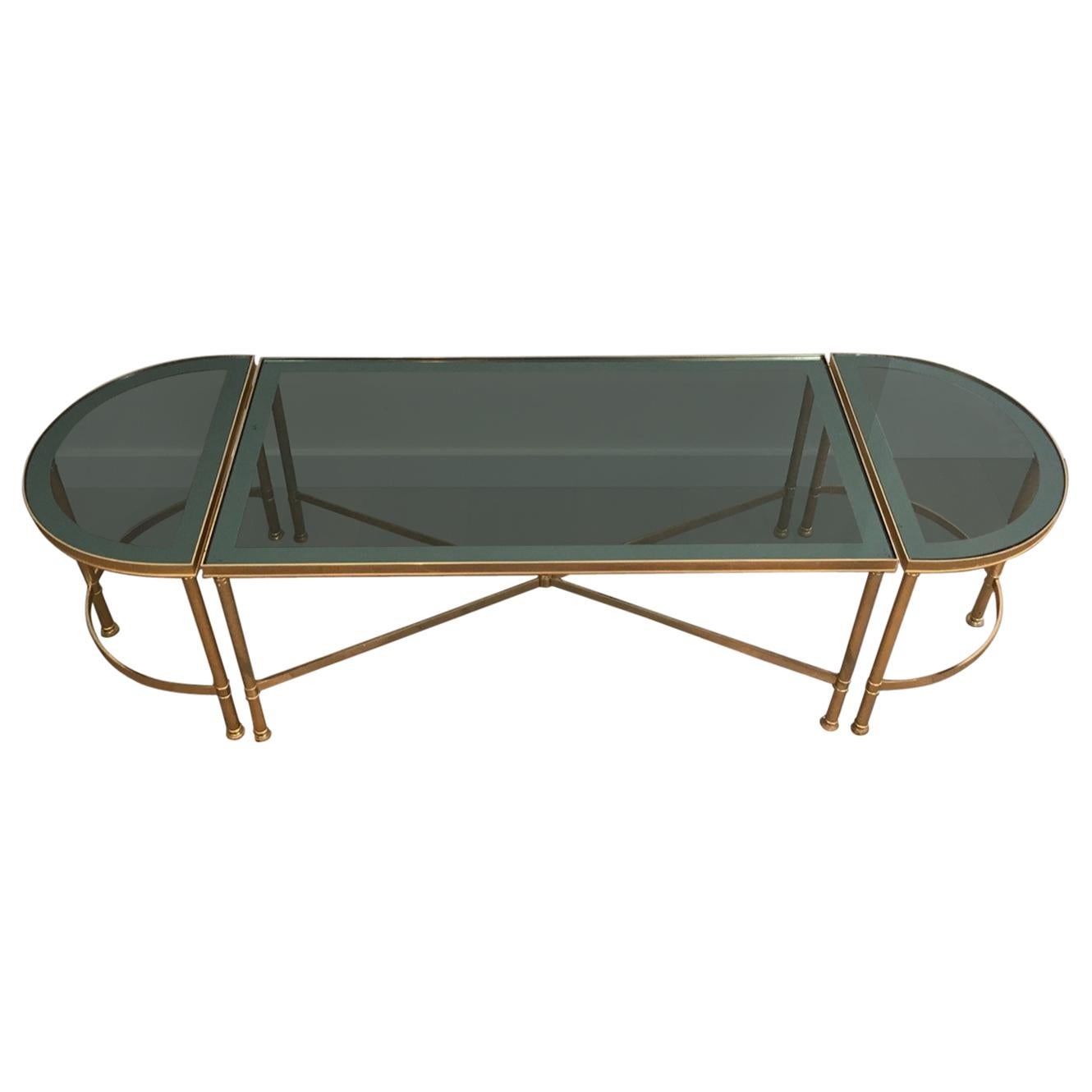 Three Parts Gold Gilt Nickel Coffee Table with Blueish Glass Tops, French, 1970s