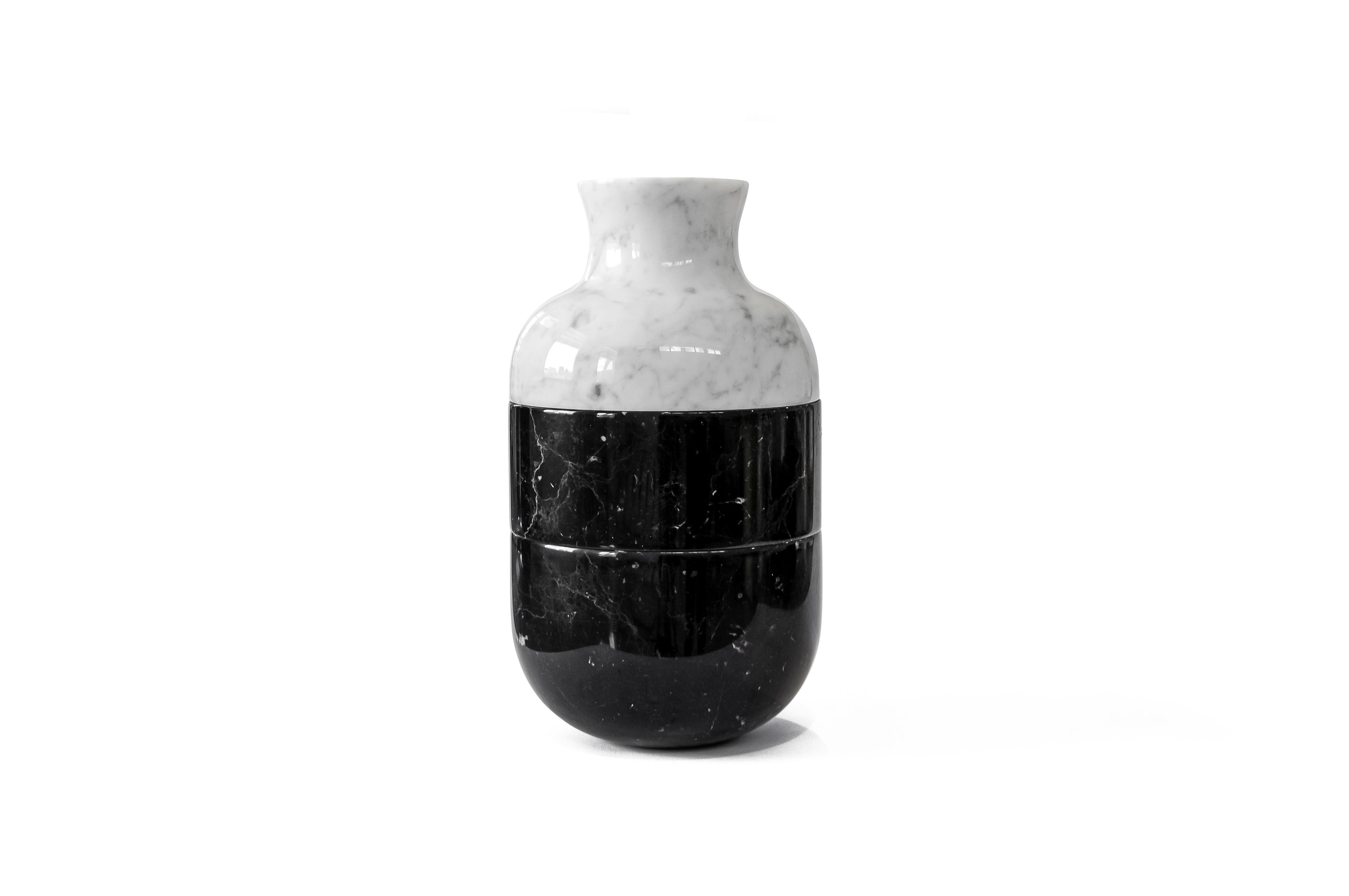 Contemporary Handmade Three Parts Vase in White Carrara and/or Black Marquina Marble For Sale