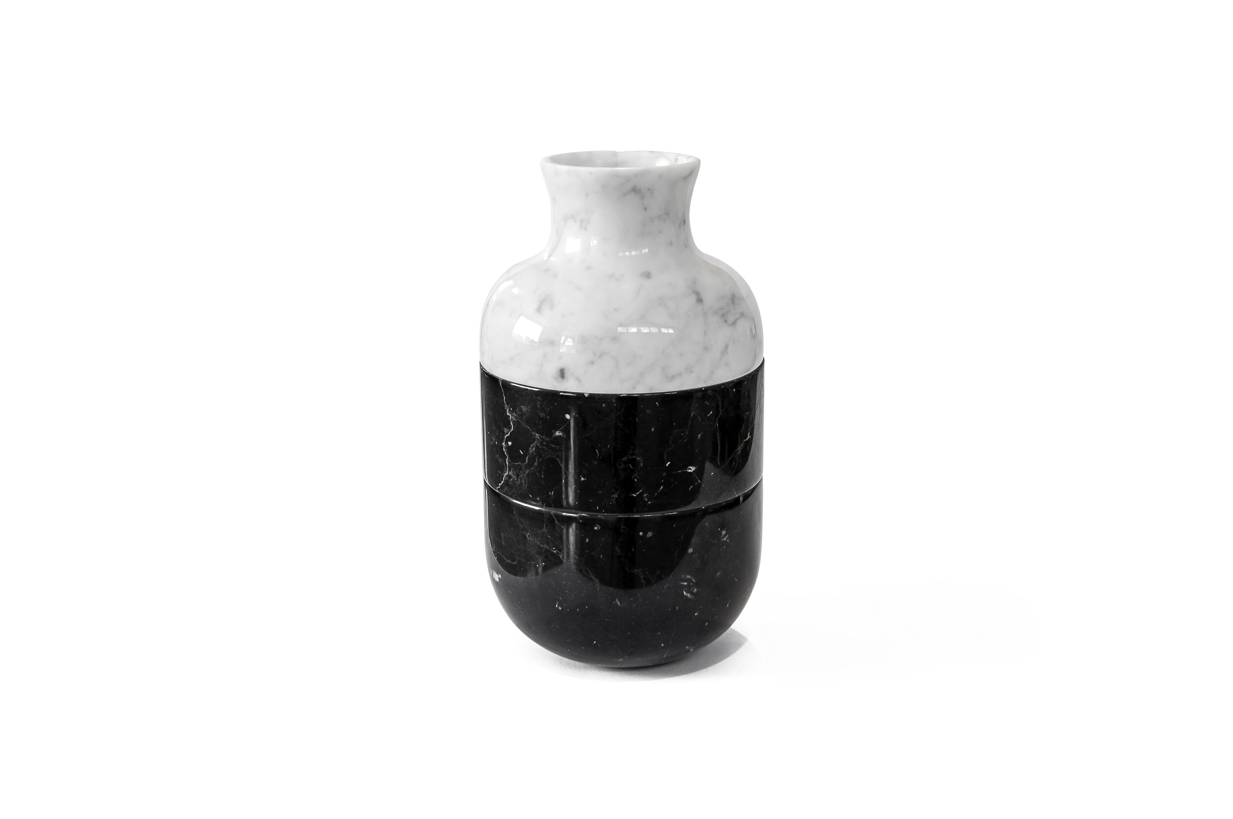 Handmade Three Parts Vase in White Carrara and/or Black Marquina Marble For Sale 1