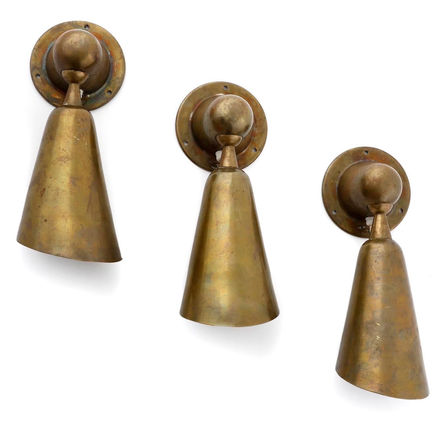 Three Patinated Brass Sconces, Italy, 1950s 1