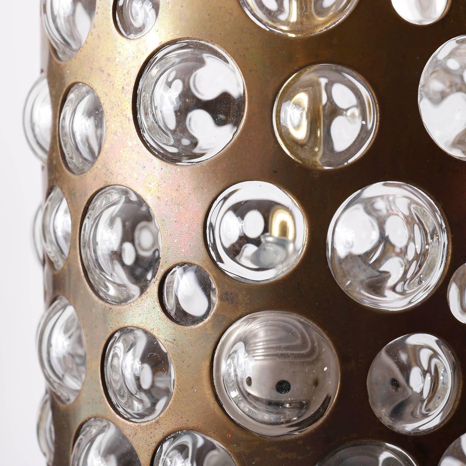 Three Patinated Brass Textured Glass Pendant Lights, Rupert Nikoll, Austria 1