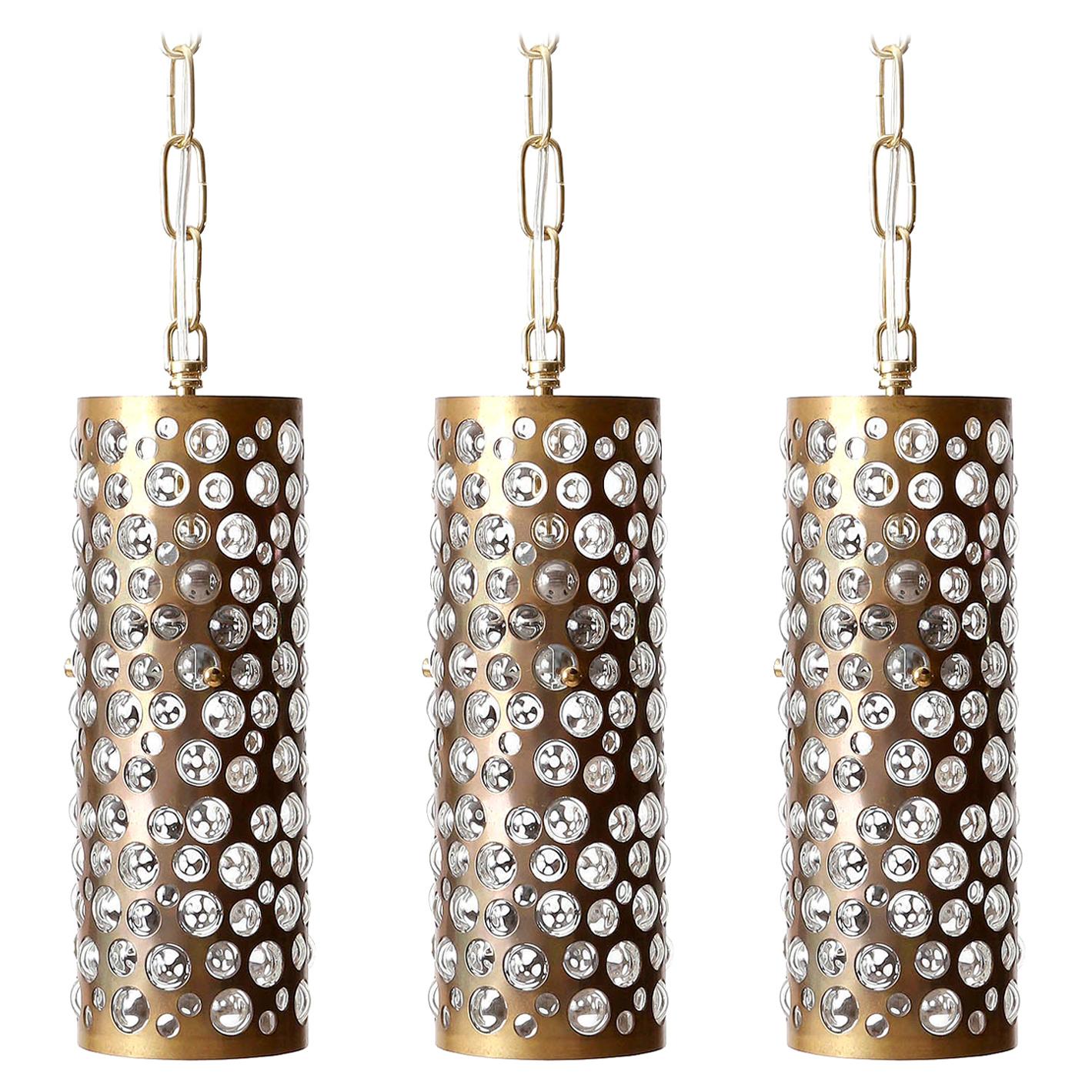 Three Patinated Brass Textured Glass Pendant Lights, Rupert Nikoll, Austria