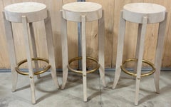 Three Patinated Leather & Brass Barstools Signed Karl Springer, 1990