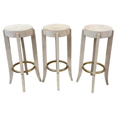 Three Patinated Leather & Brass Barstools Signed Karl Springer, 1990