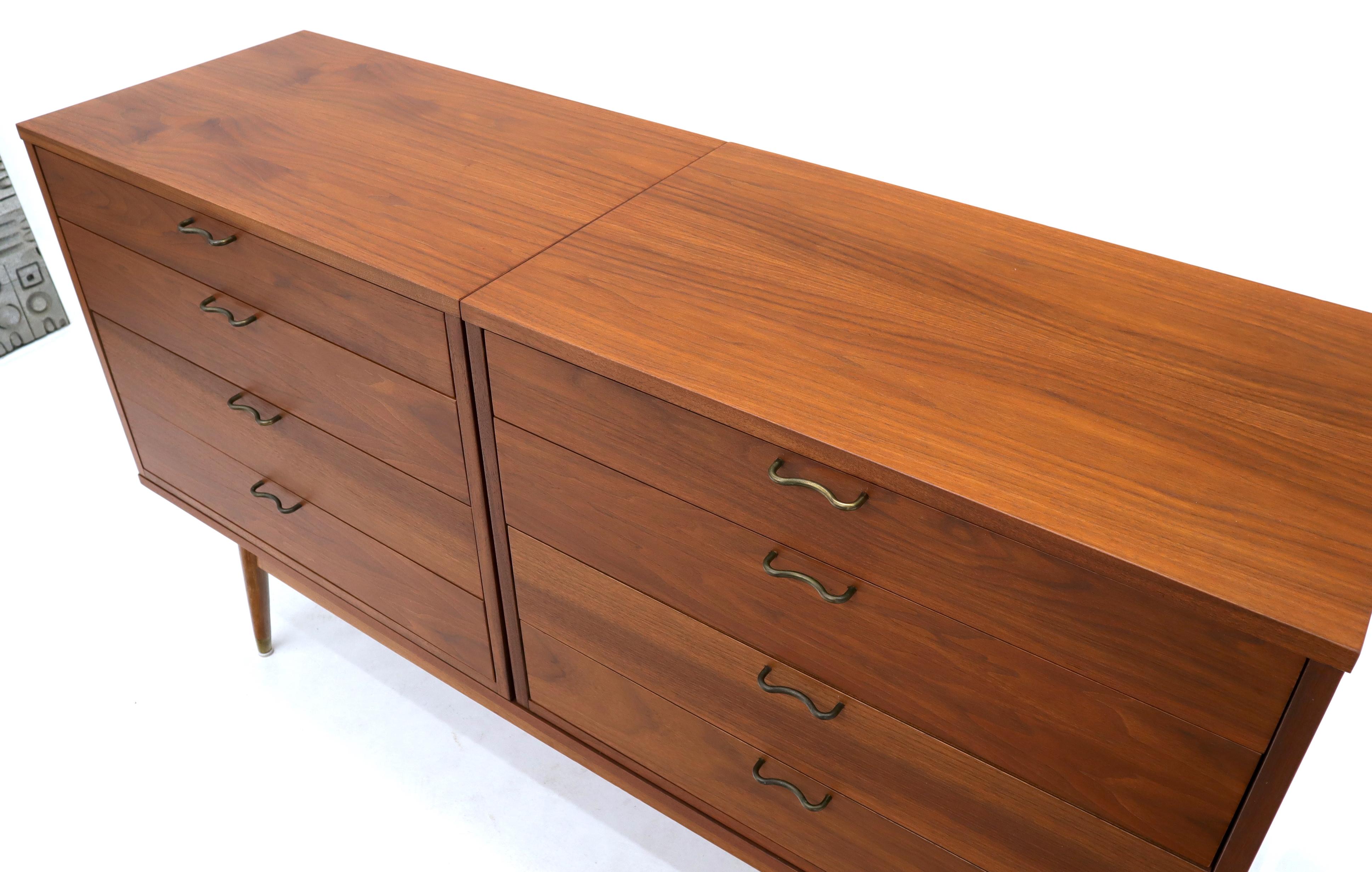 Three Pcs Mid-Century Modern Oiled Walnut Chest Dresser Credenza w/ Waive Pulls  For Sale 4