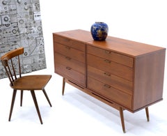 Three Pcs Mid-Century Modern Oiled Walnut Chest Dresser Credenza w/ Waive Pulls