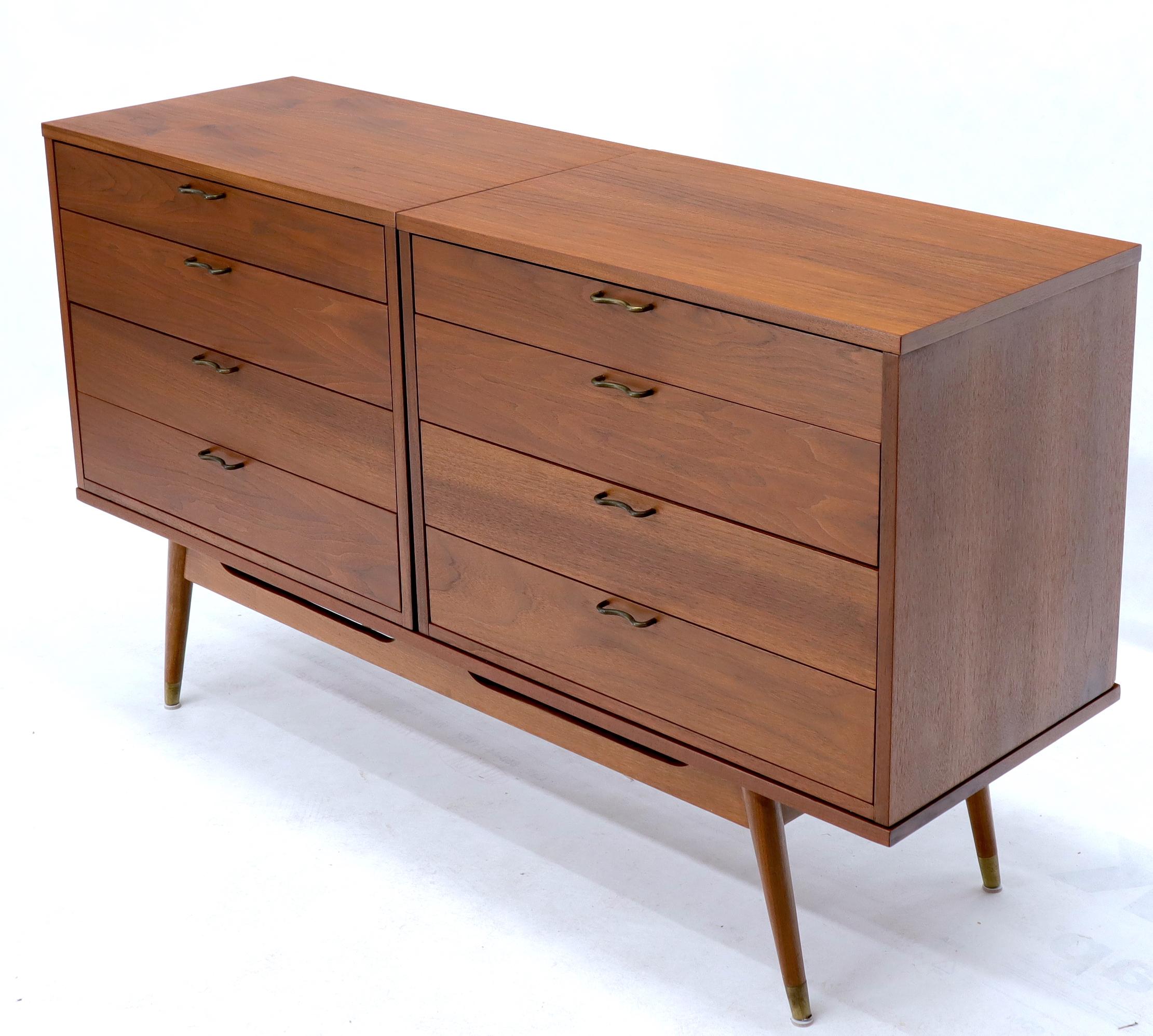 20th Century Three Pcs Mid-Century Modern Oiled Walnut Chest Dresser Credenza w/ Waive Pulls  For Sale