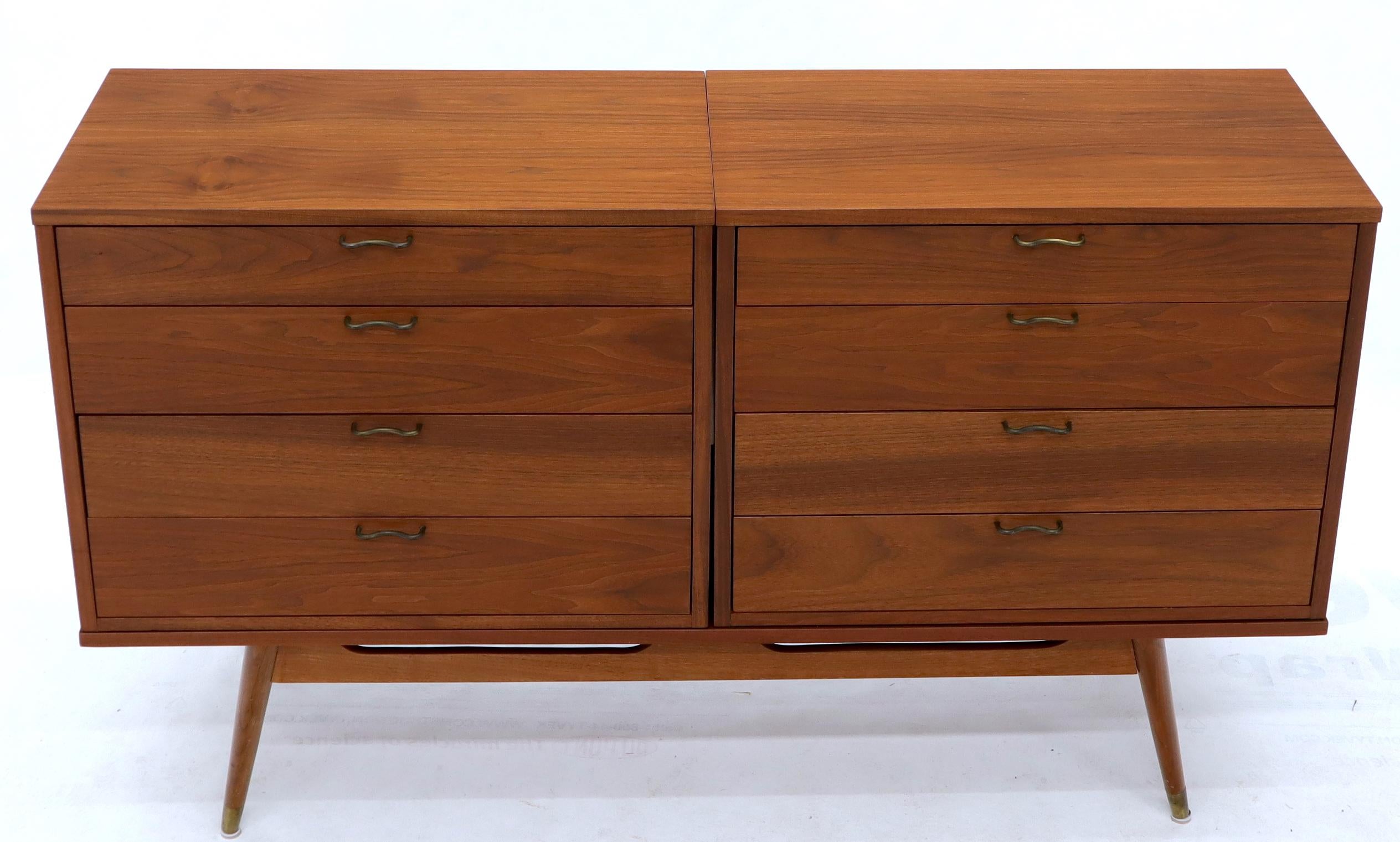 Three Pcs Mid-Century Modern Oiled Walnut Chest Dresser Credenza w/ Waive Pulls  For Sale 1