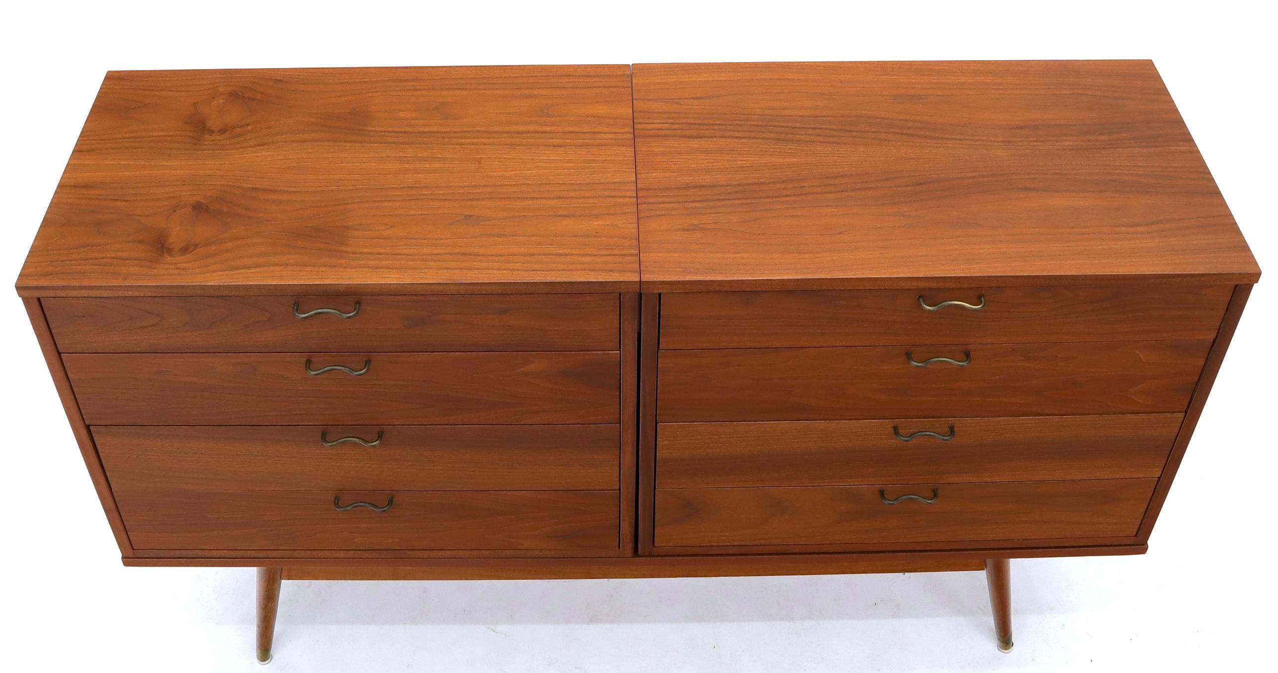 Three Pcs Mid-Century Modern Oiled Walnut Chest Dresser Credenza w/ Waive Pulls  For Sale 2